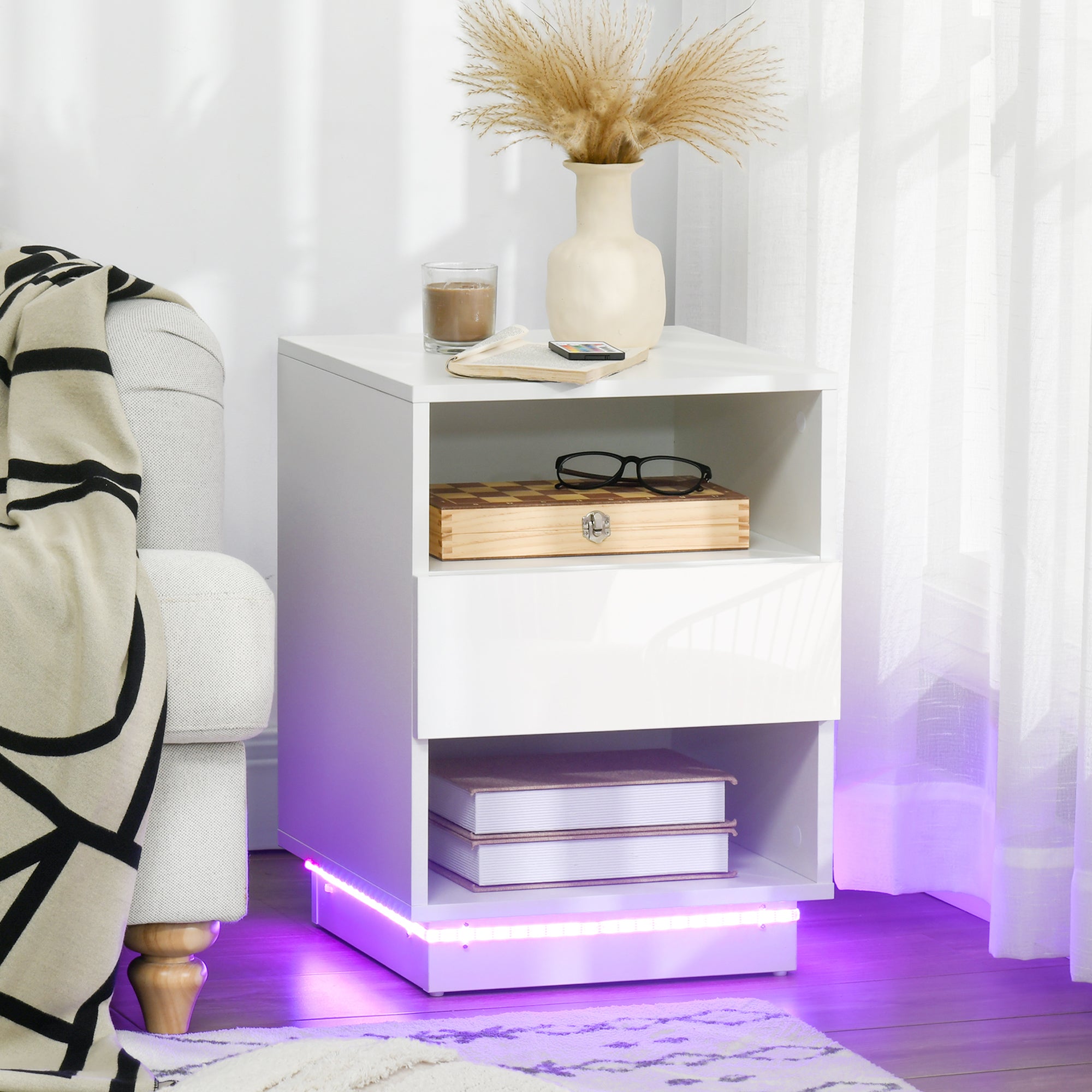 Mesa de Cabeceira Moderna Branca 40x40x55 cm com Luz LED e Controlo Remoto
