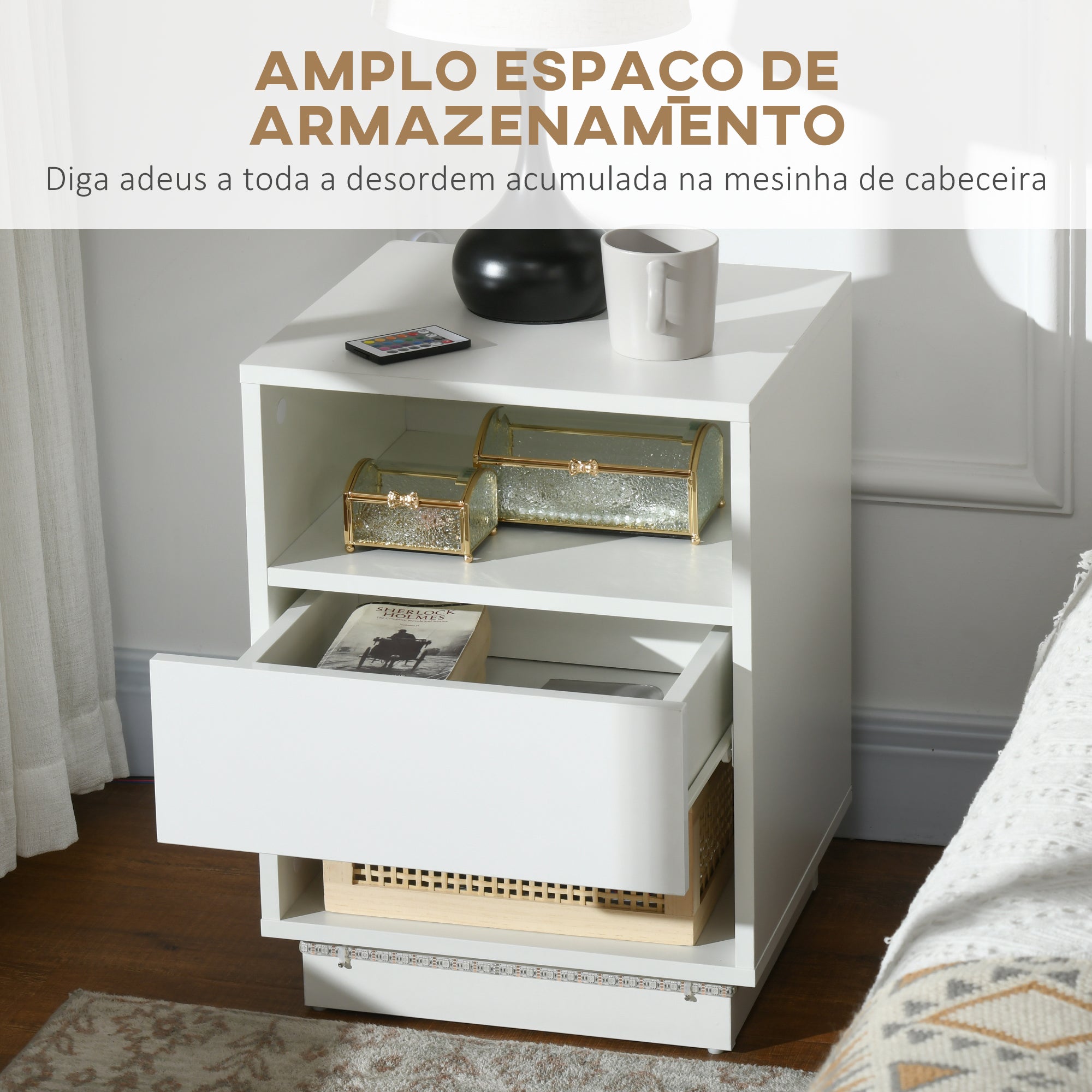 Mesa de Cabeceira Moderna Branca 40x40x55 cm com Luz LED e Controlo Remoto