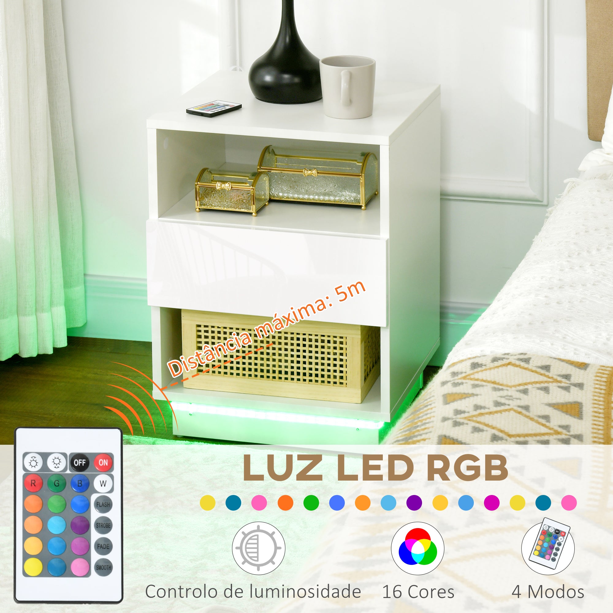 Mesa de Cabeceira Moderna Branca 40x40x55 cm com Luz LED e Controlo Remoto