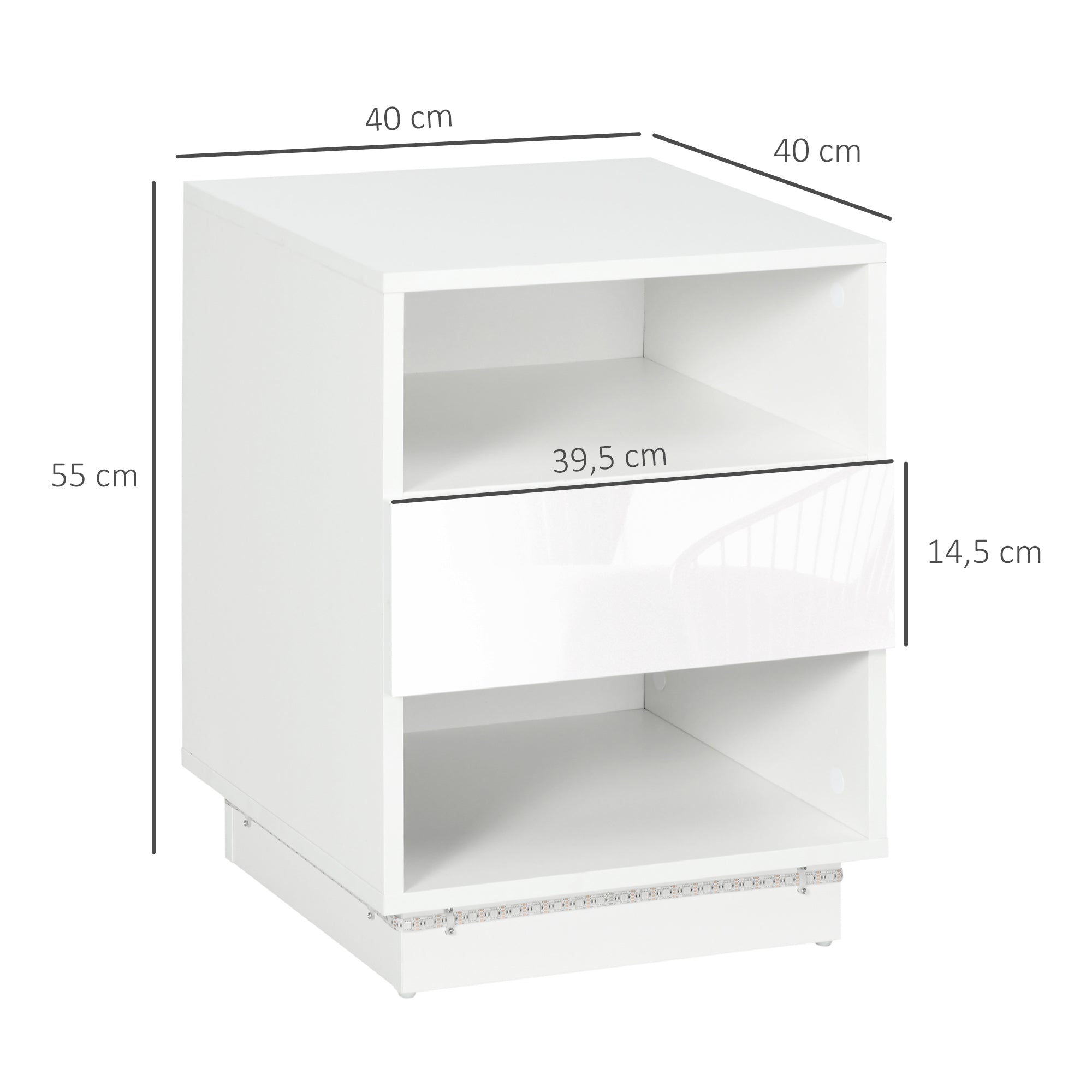 Mesa de Cabeceira Moderna Branca 40x40x55 cm com Luz LED e Controlo Remoto