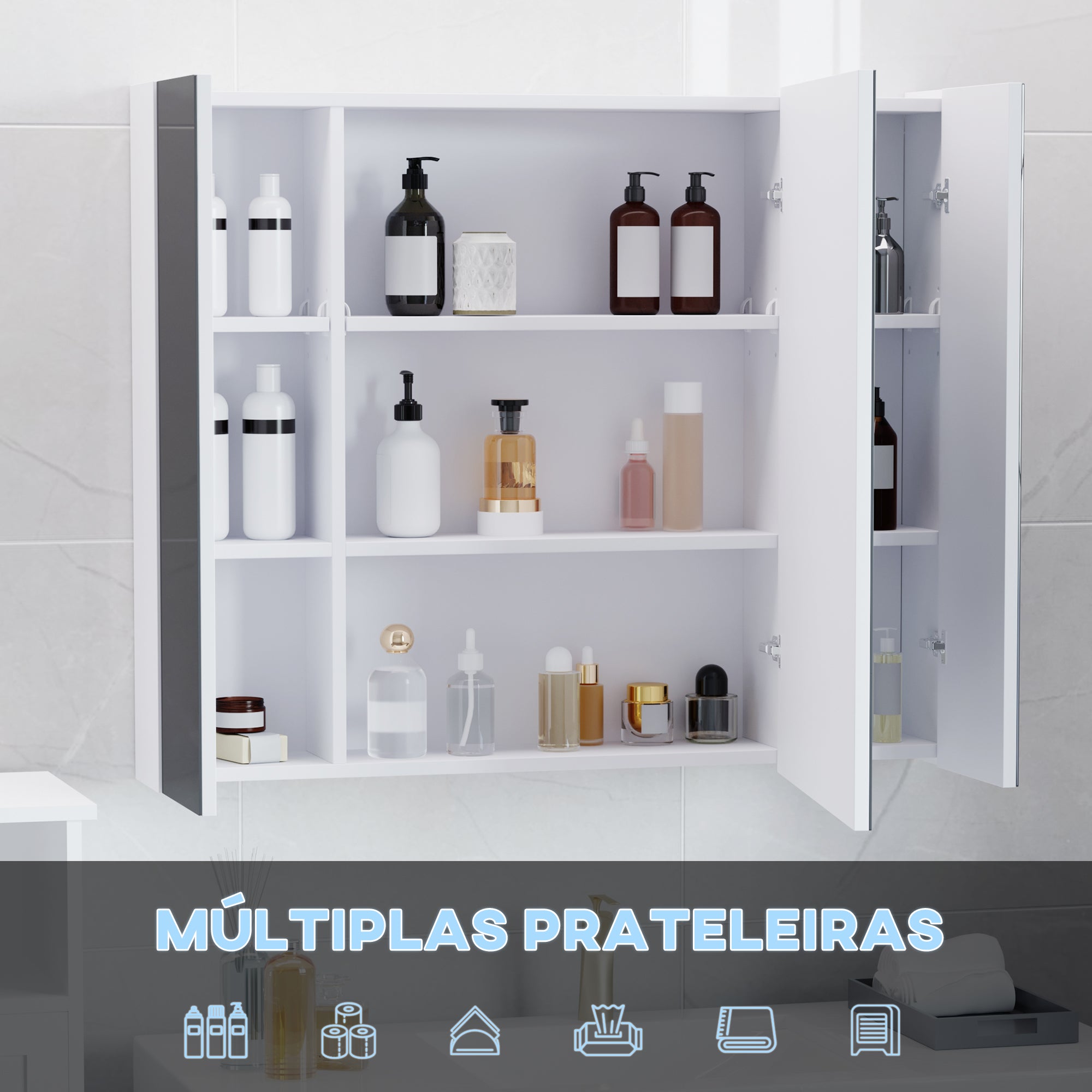 Armário de Casa de Banho com Espelho e Luzes LED - 90x15x75 cm - Branco