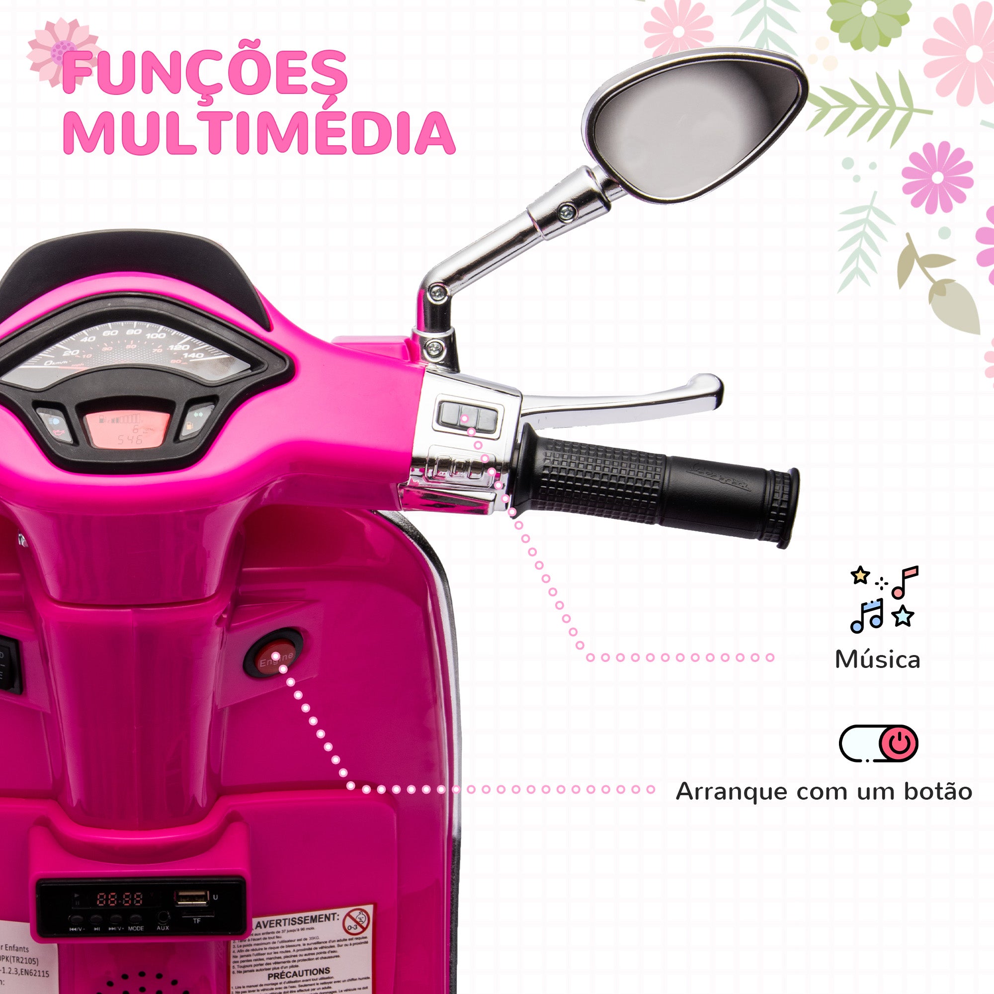 Moto Elétrica para Crianças de 3-6 Anos 107x47x73 cm Rosa