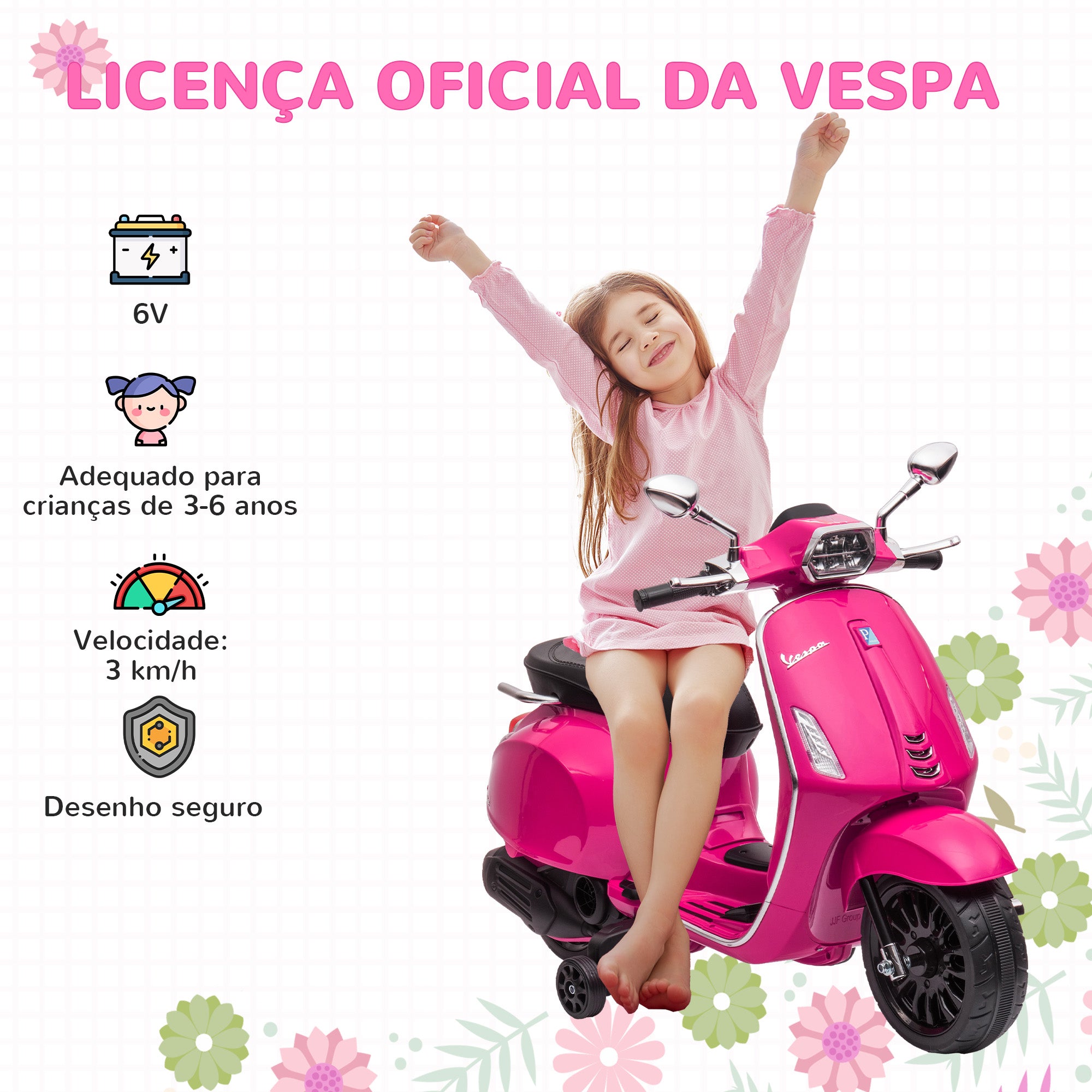 Moto Elétrica para Crianças de 3-6 Anos 107x47x73 cm Rosa