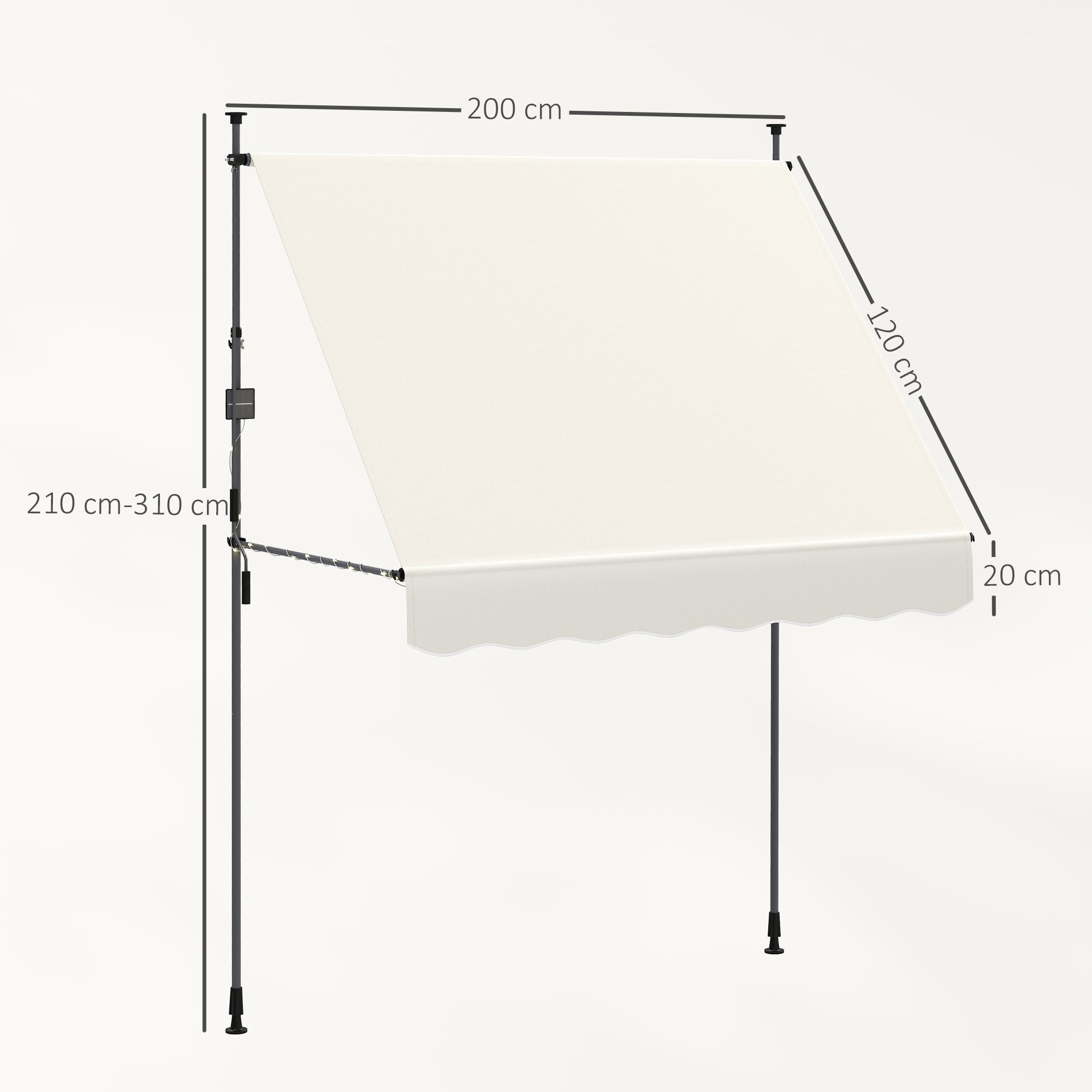 Toldo Manual Retrátil 200x120 cm Creme Branco - Altura Ajustável 210-310 cm