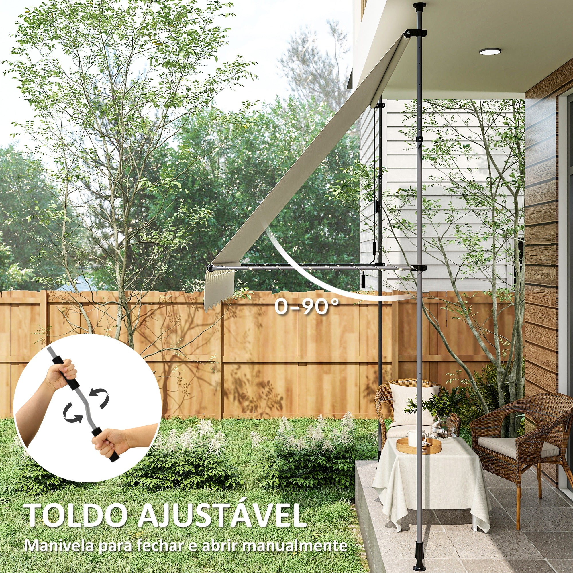 Toldo Manual Retrátil 200x120 cm Creme Branco - Altura Ajustável 210-310 cm