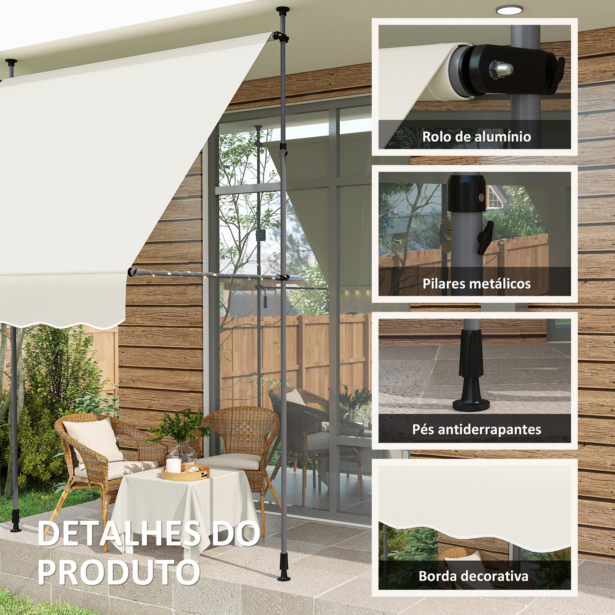 Toldo Manual Retrátil 200x120 cm Creme Branco - Altura Ajustável 210-310 cm