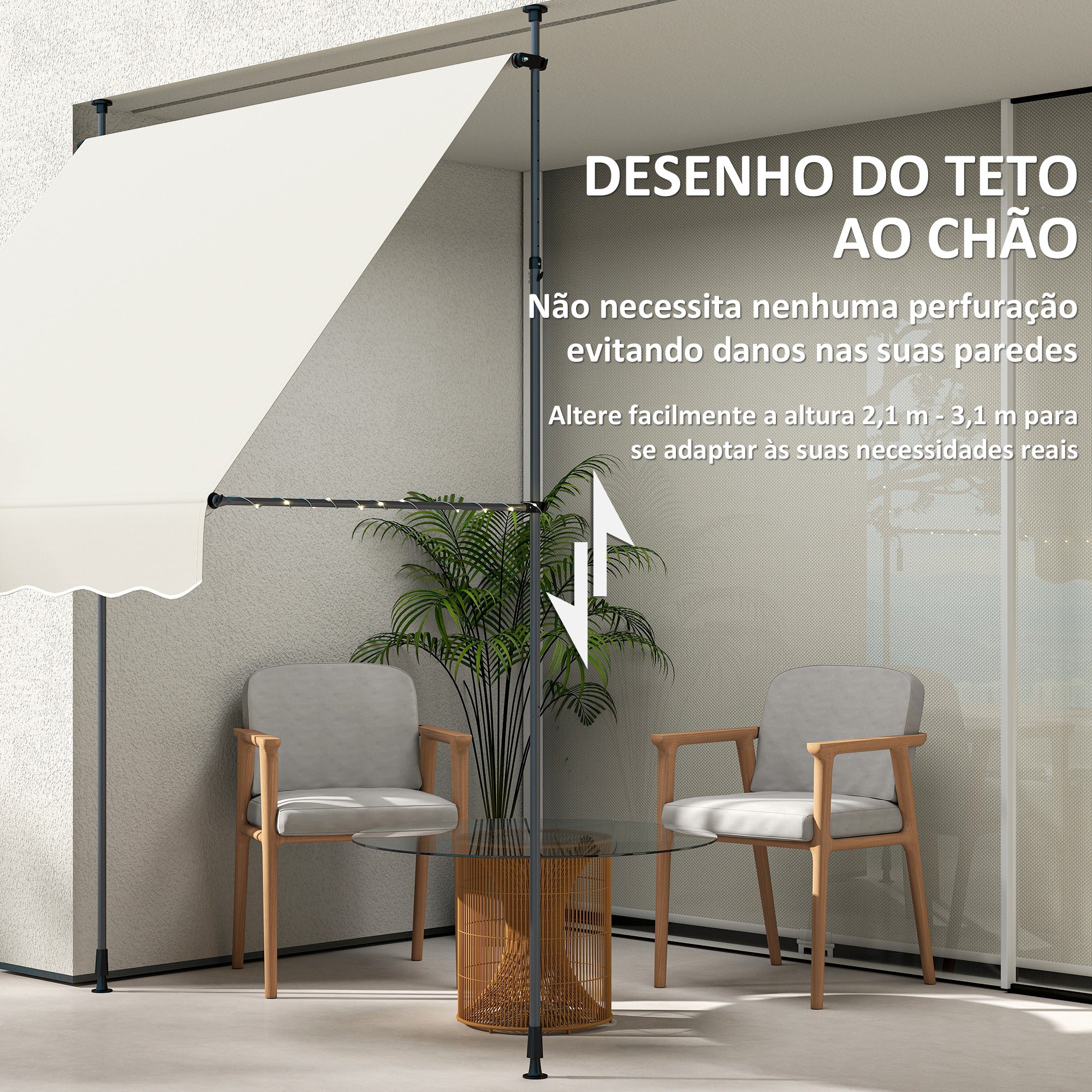 Toldo Manual Retrátil 200x120 cm Creme Branco - Altura Ajustável 210-310 cm