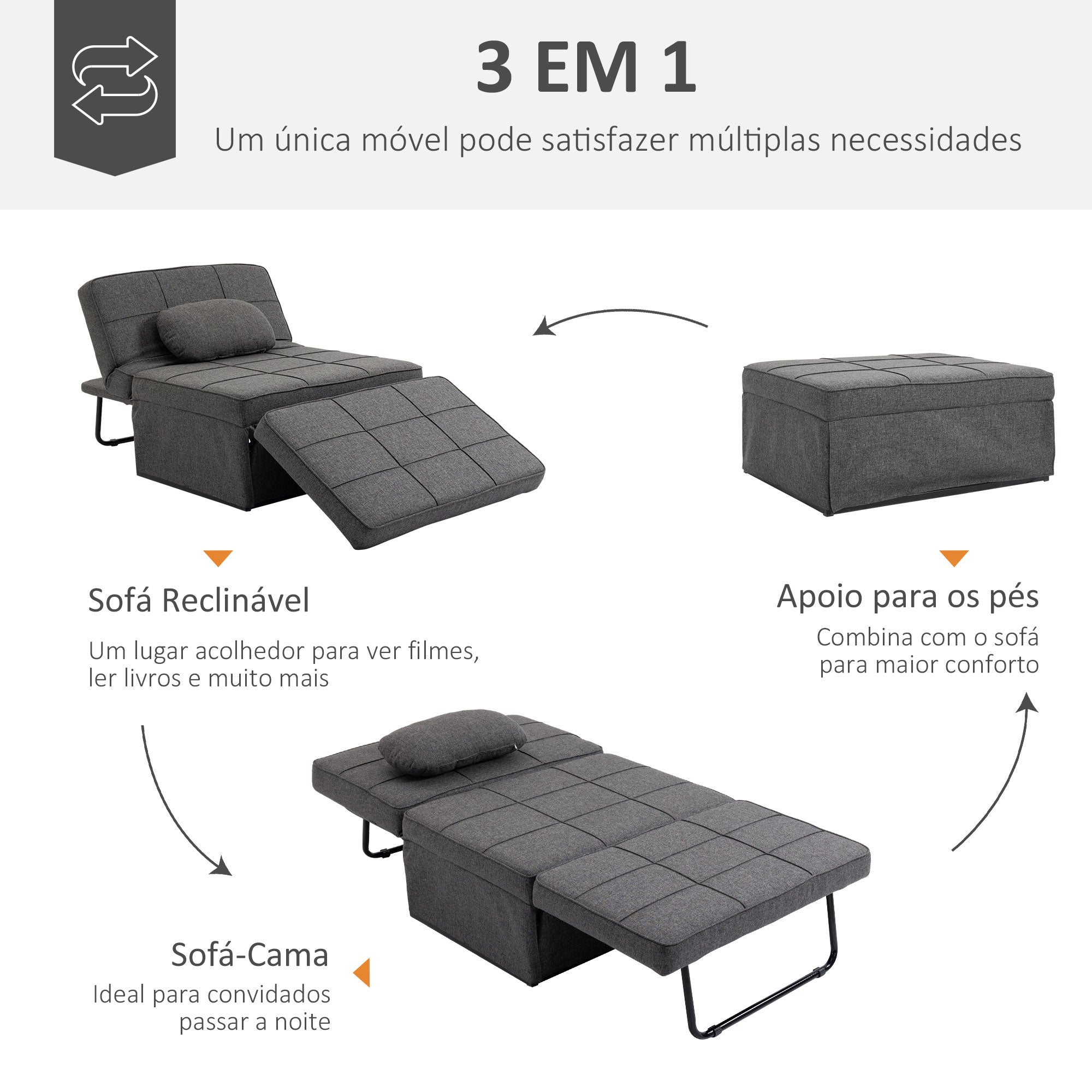 Sofá Cama Individual Estofado em Linho 95x189x43cm - Cinzento