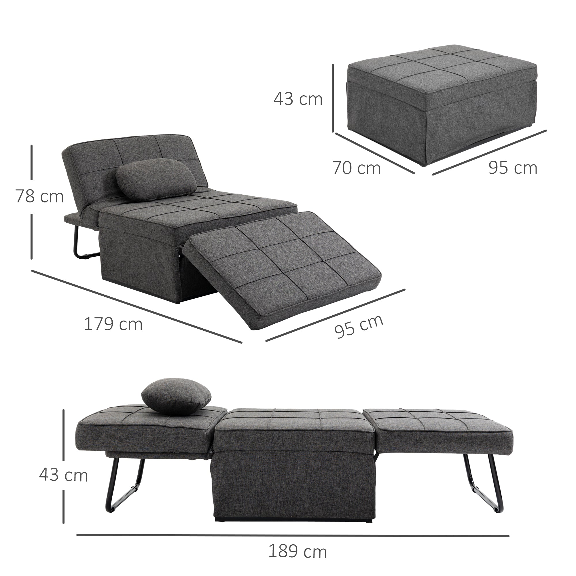 Sofá Cama Individual Estofado em Linho 95x189x43cm - Cinzento