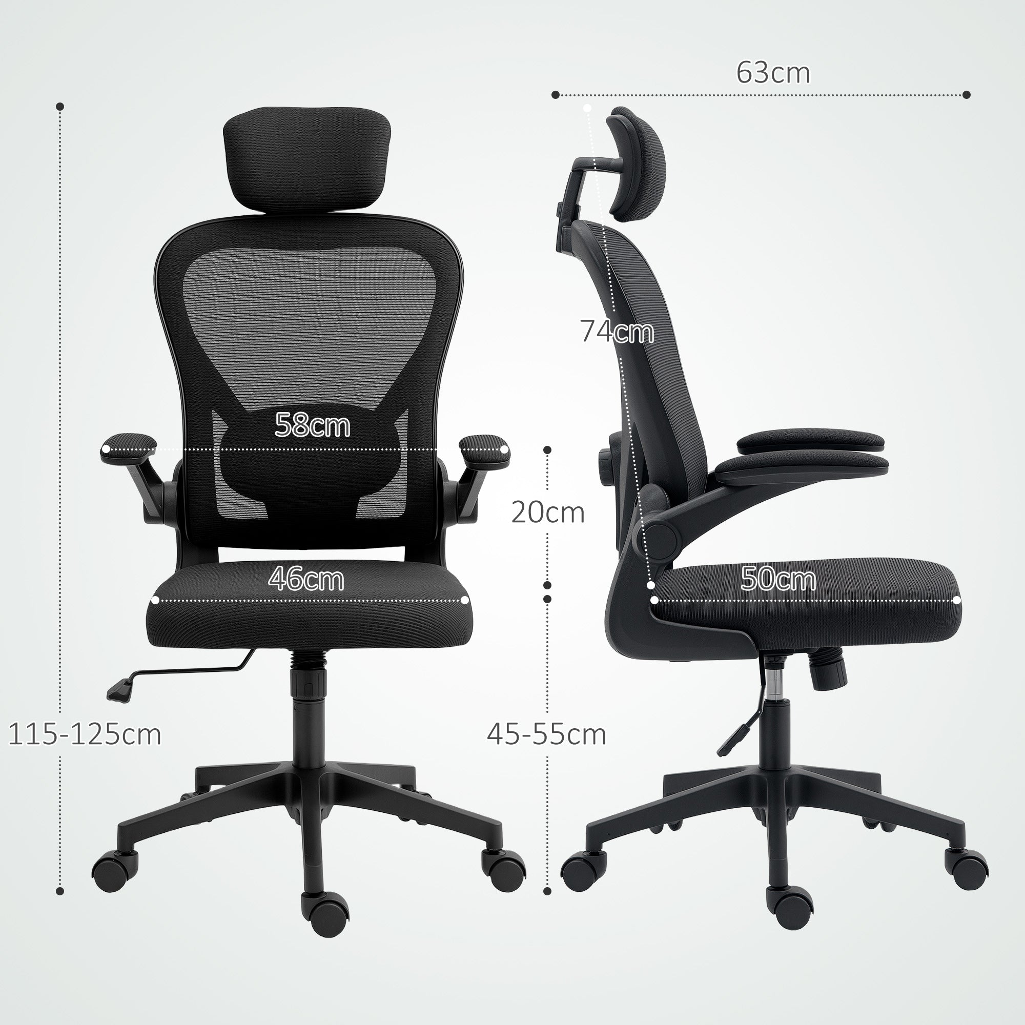 Cadeira de Escritório em Malha Transpirável Preto 58x63x115-125 cm
