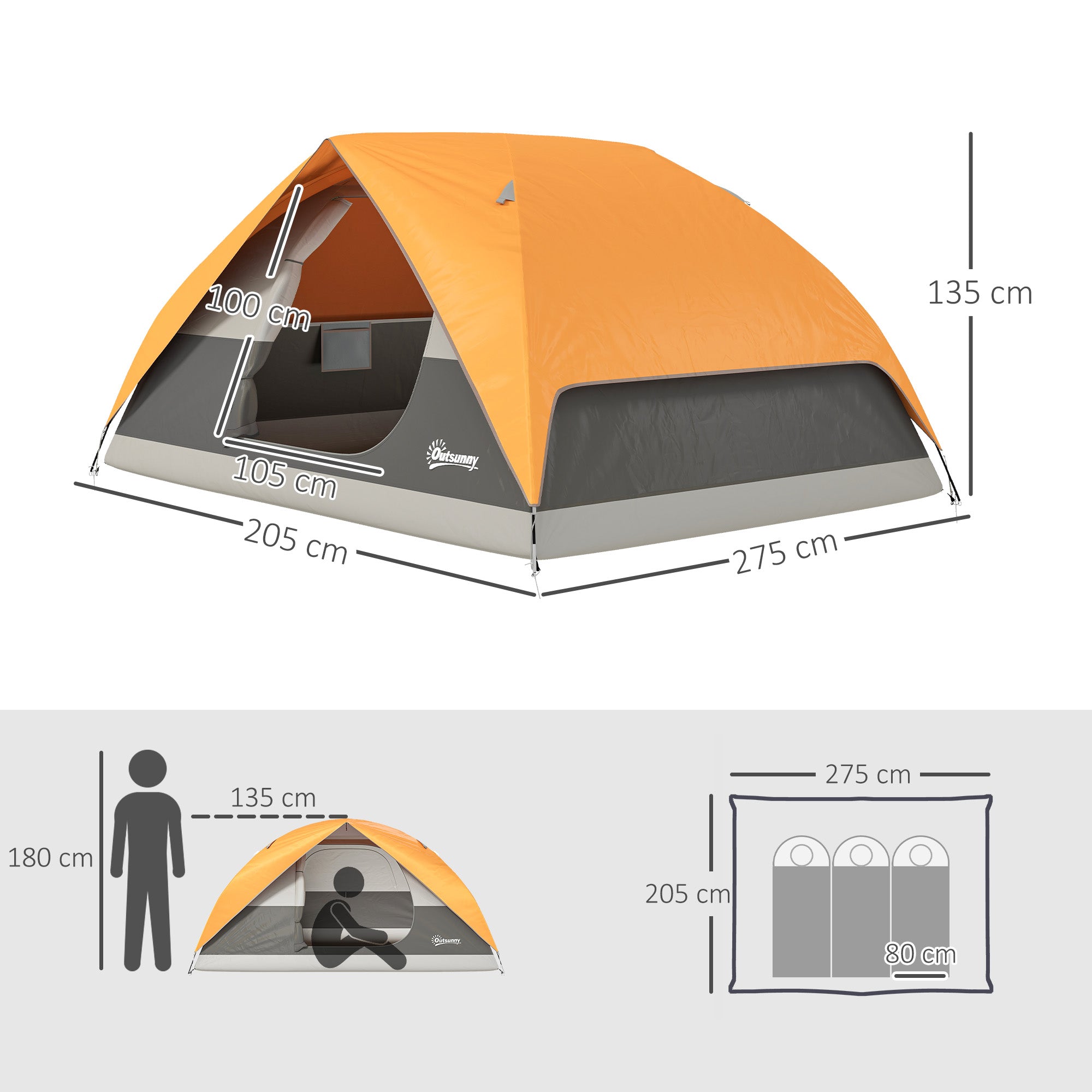 Tenda de Campismo 2-3 Pessoas 205x275x135 cm Laranja e Cinzento