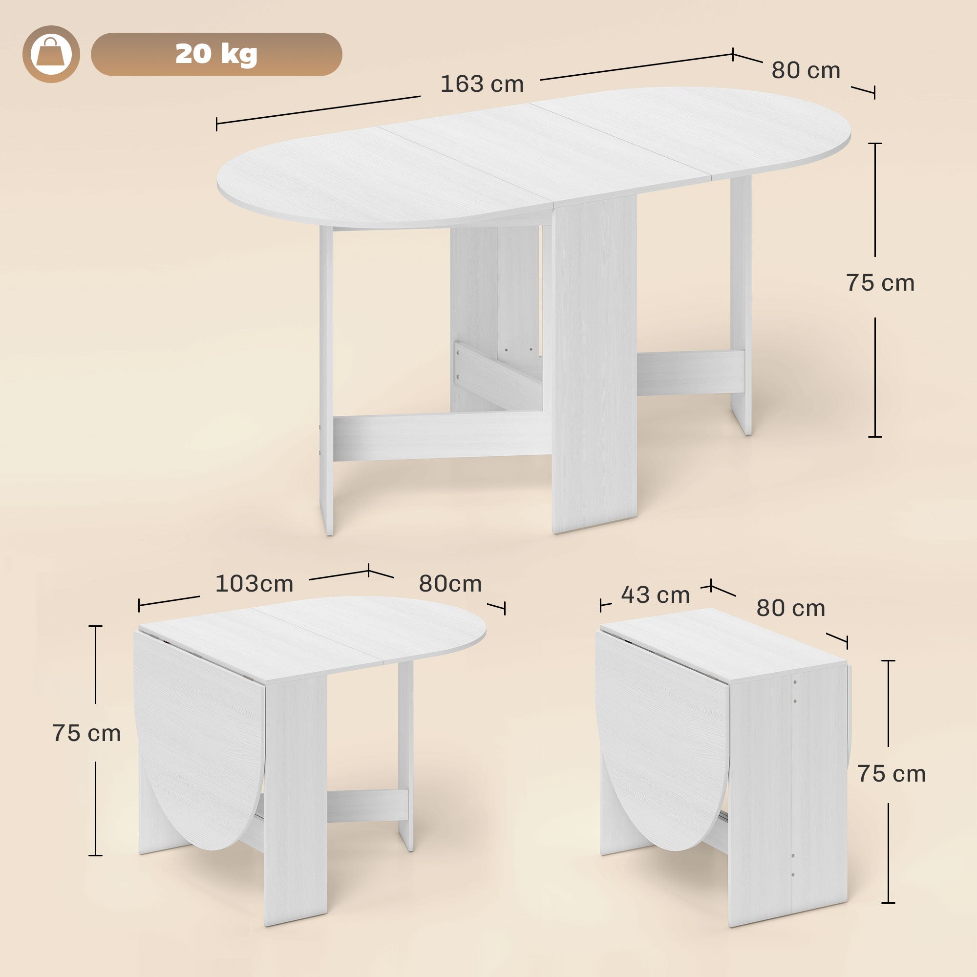 Mesa de Jantar Dobrável Ovalada Branca 163x80x75 cm