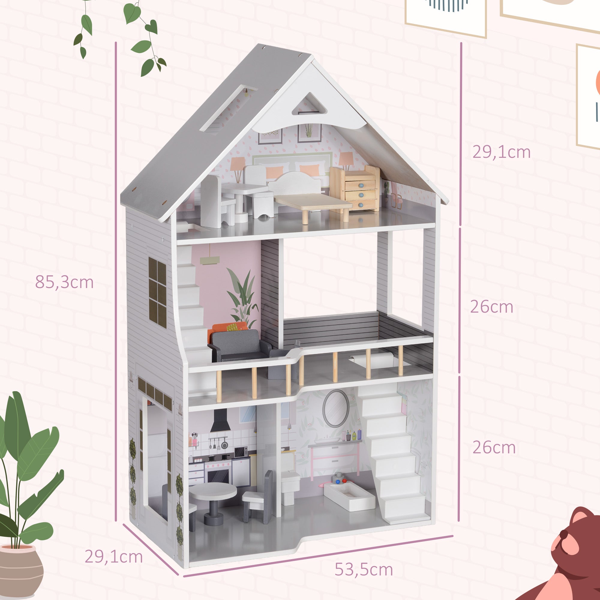 Casa de Bonecas de Madeira Multicor 53,5x29,1x85,3 cm