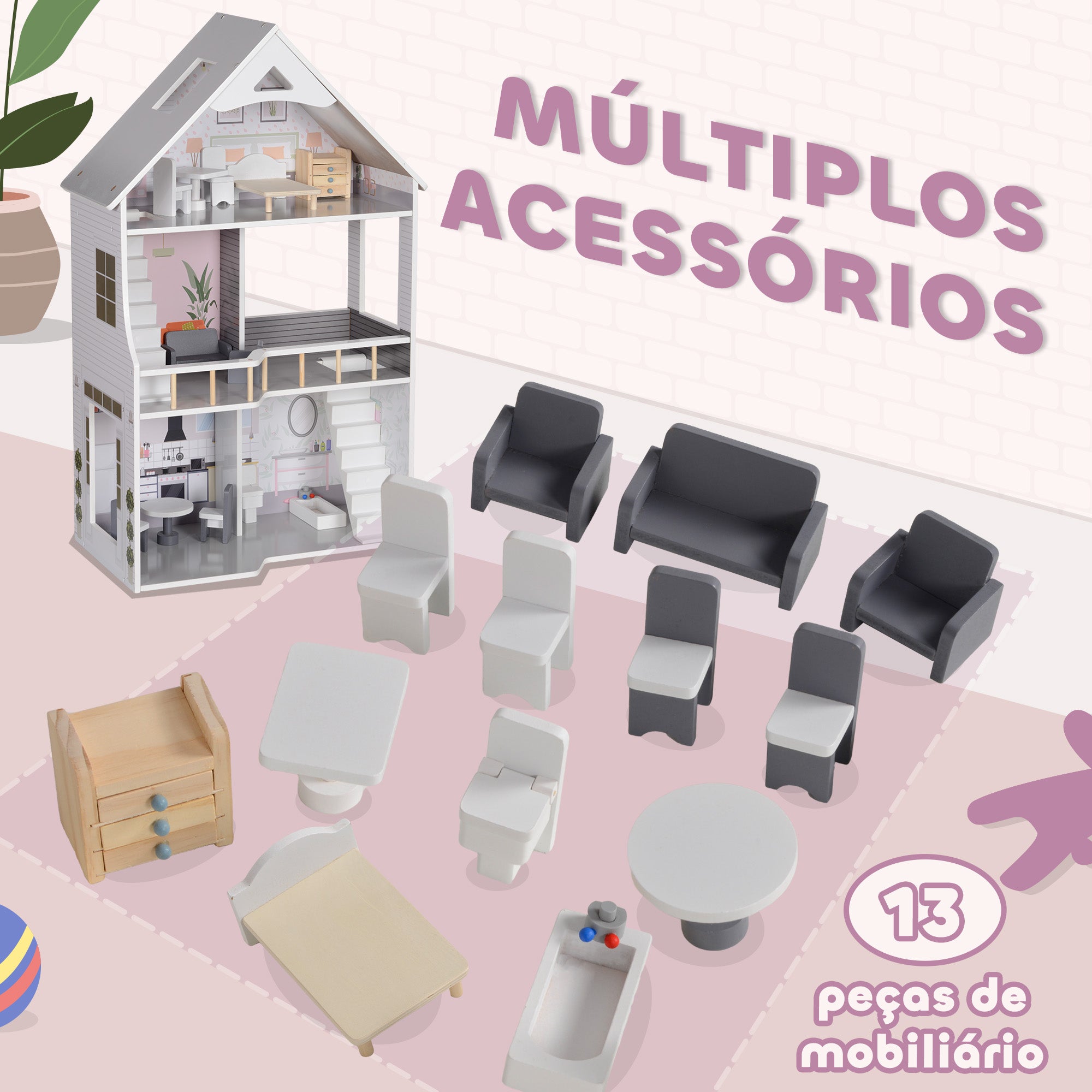 Casa de Bonecas de Madeira Multicor 53,5x29,1x85,3 cm