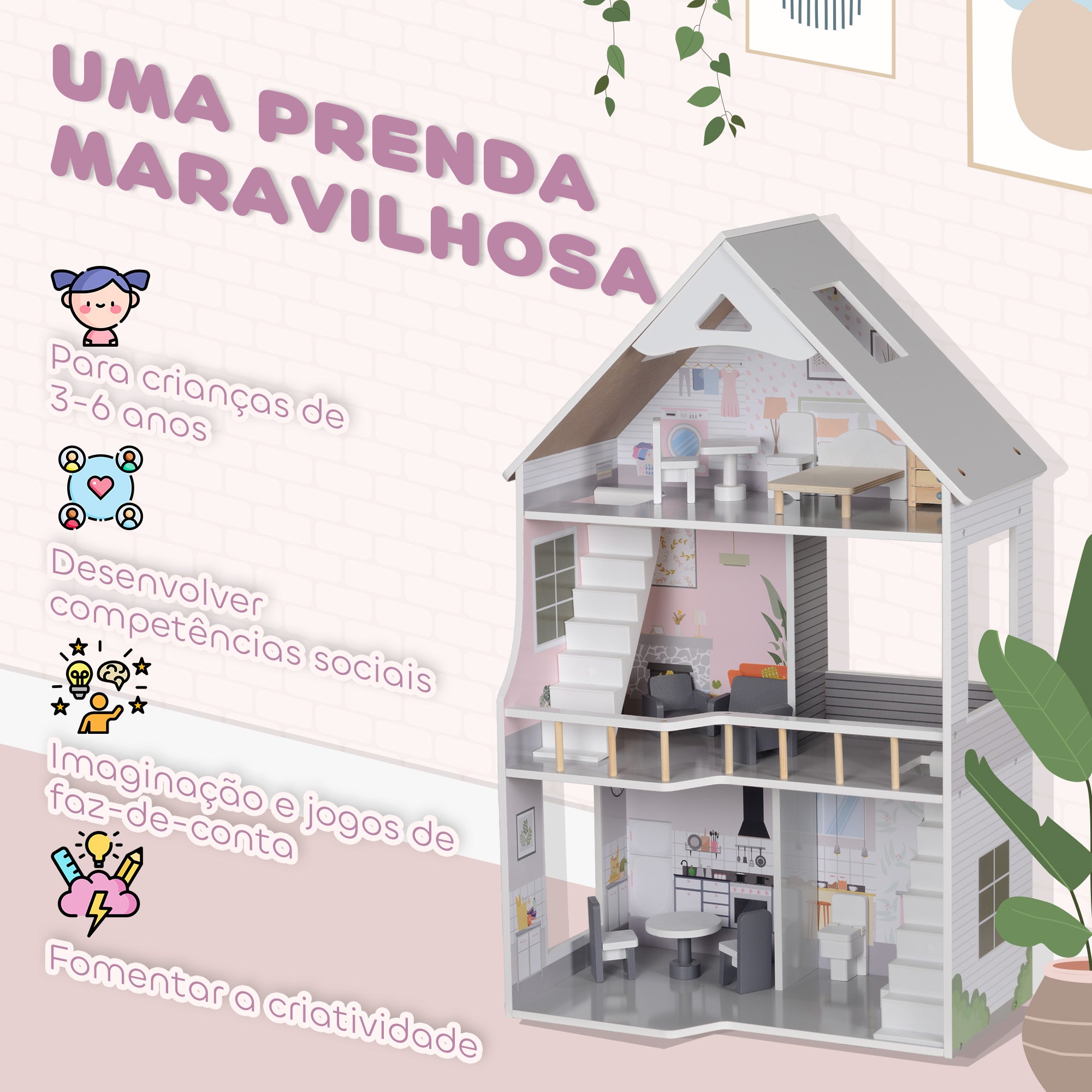 Casa de Bonecas de Madeira Multicor 53,5x29,1x85,3 cm