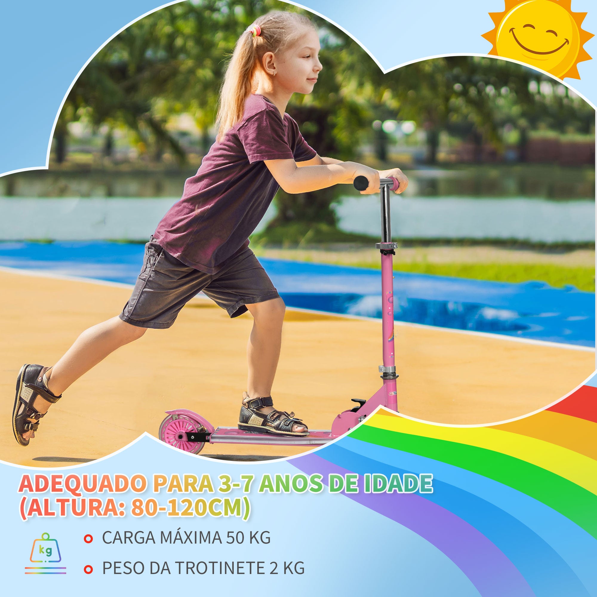 Trotinete Infantil com Luzes e Música 4 Alturas Ajustável 67x32x65-78 cm - Rosa