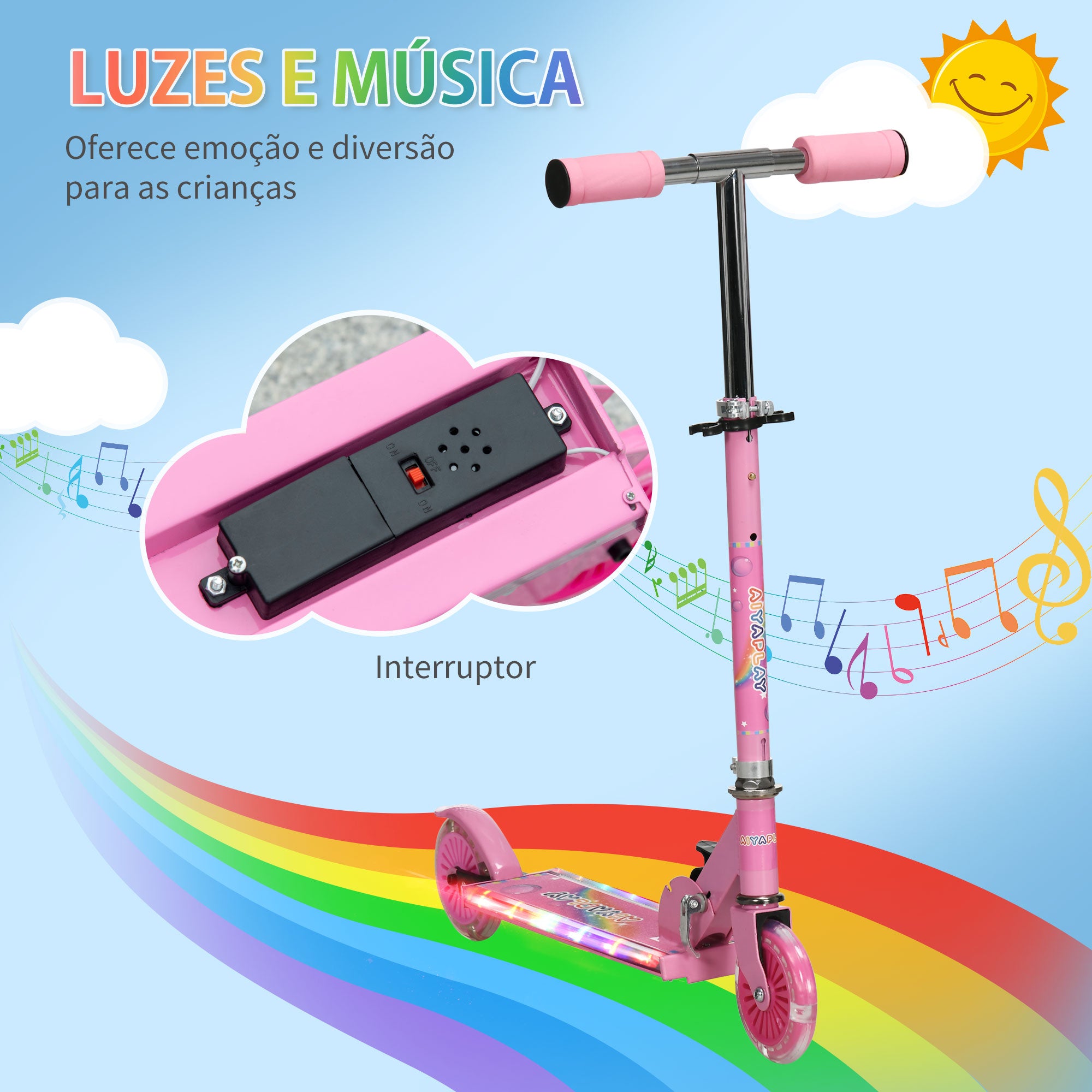 Trotinete Infantil com Luzes e Música 4 Alturas Ajustável 67x32x65-78 cm - Rosa