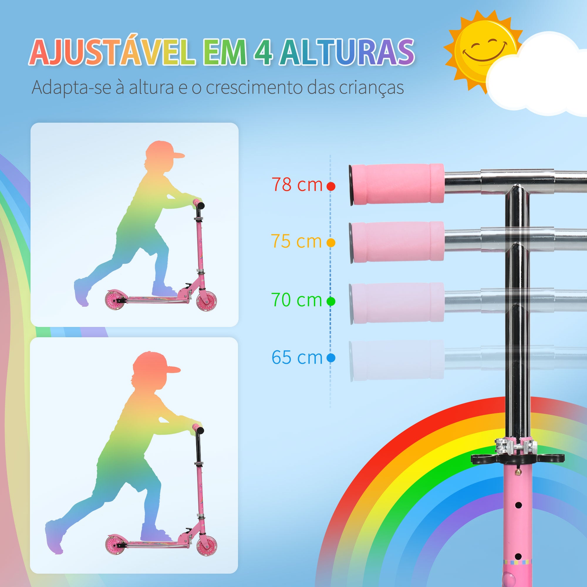 Trotinete Infantil com Luzes e Música 4 Alturas Ajustável 67x32x65-78 cm - Rosa