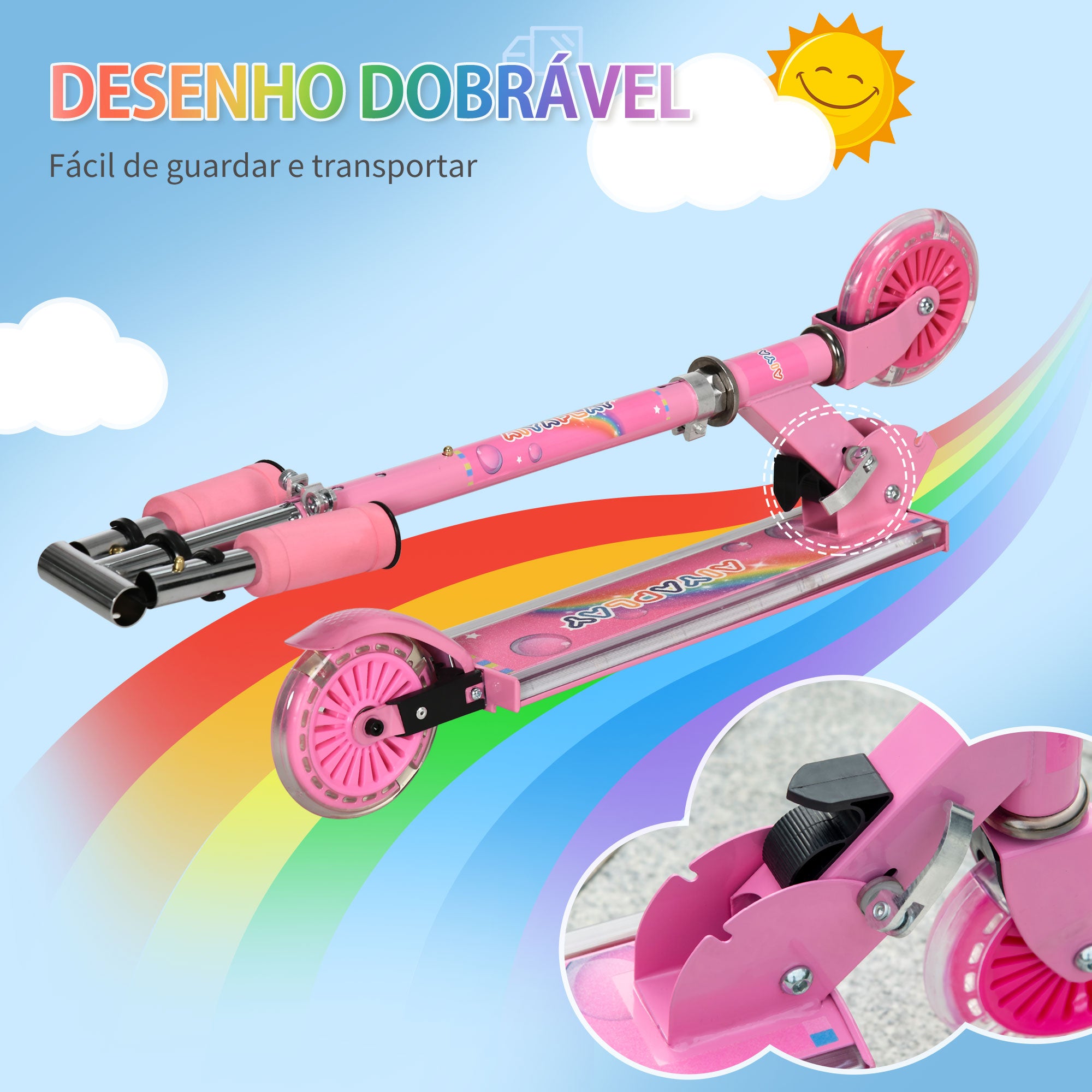 Trotinete Infantil com Luzes e Música 4 Alturas Ajustável 67x32x65-78 cm - Rosa