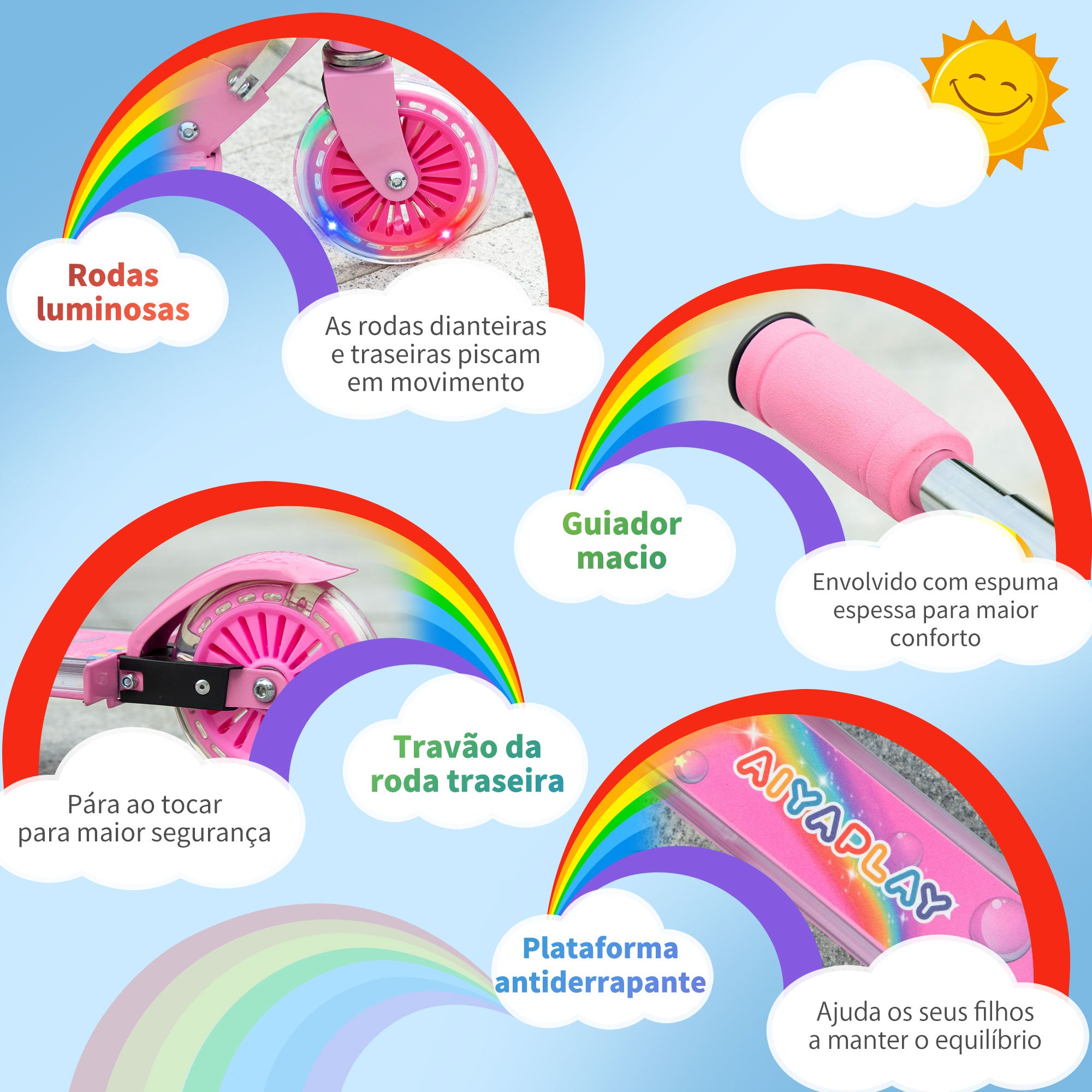 Trotinete Infantil com Luzes e Música 4 Alturas Ajustável 67x32x65-78 cm - Rosa
