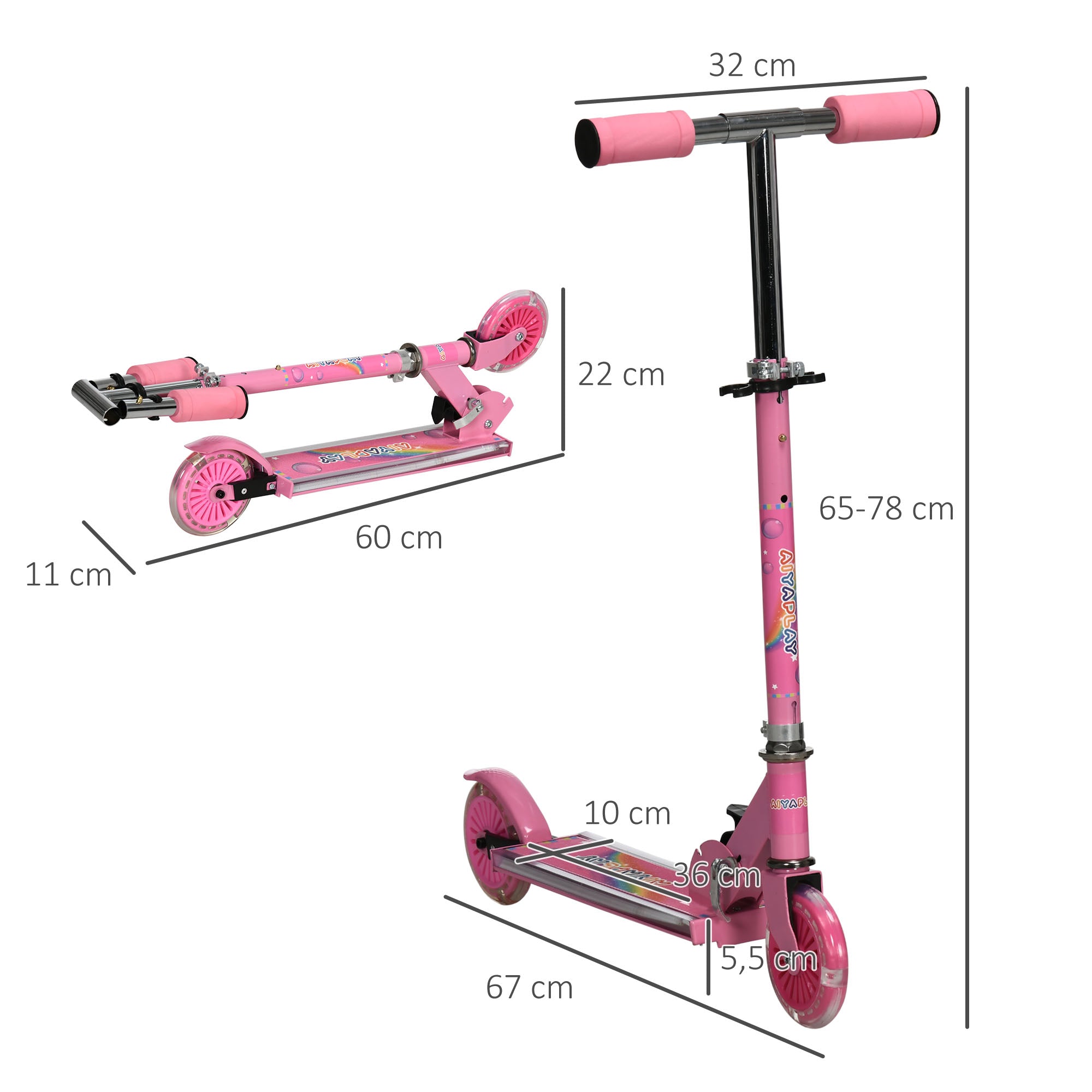 Trotinete Infantil com Luzes e Música 4 Alturas Ajustável 67x32x65-78 cm - Rosa