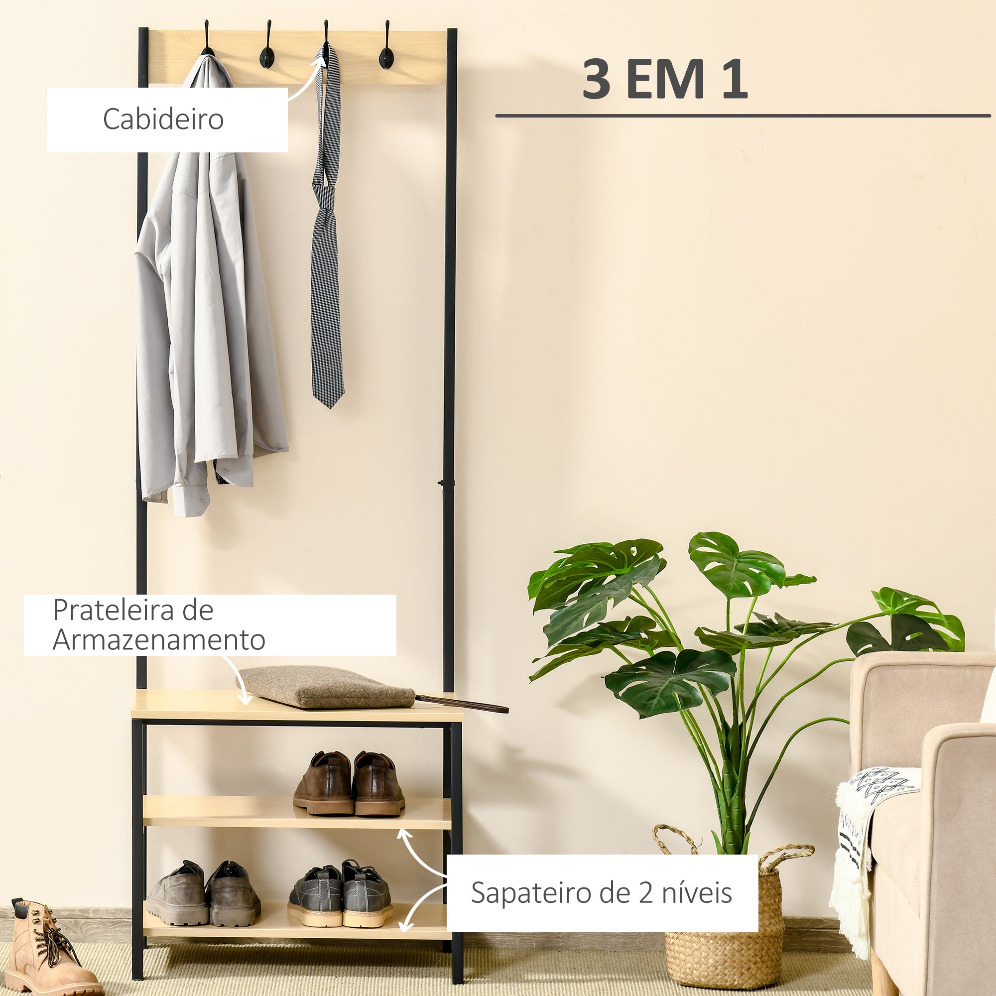 Cabide Suporte 3 Prateleiras 8 Ganchos Preto e Madeira 60x40x175 cm