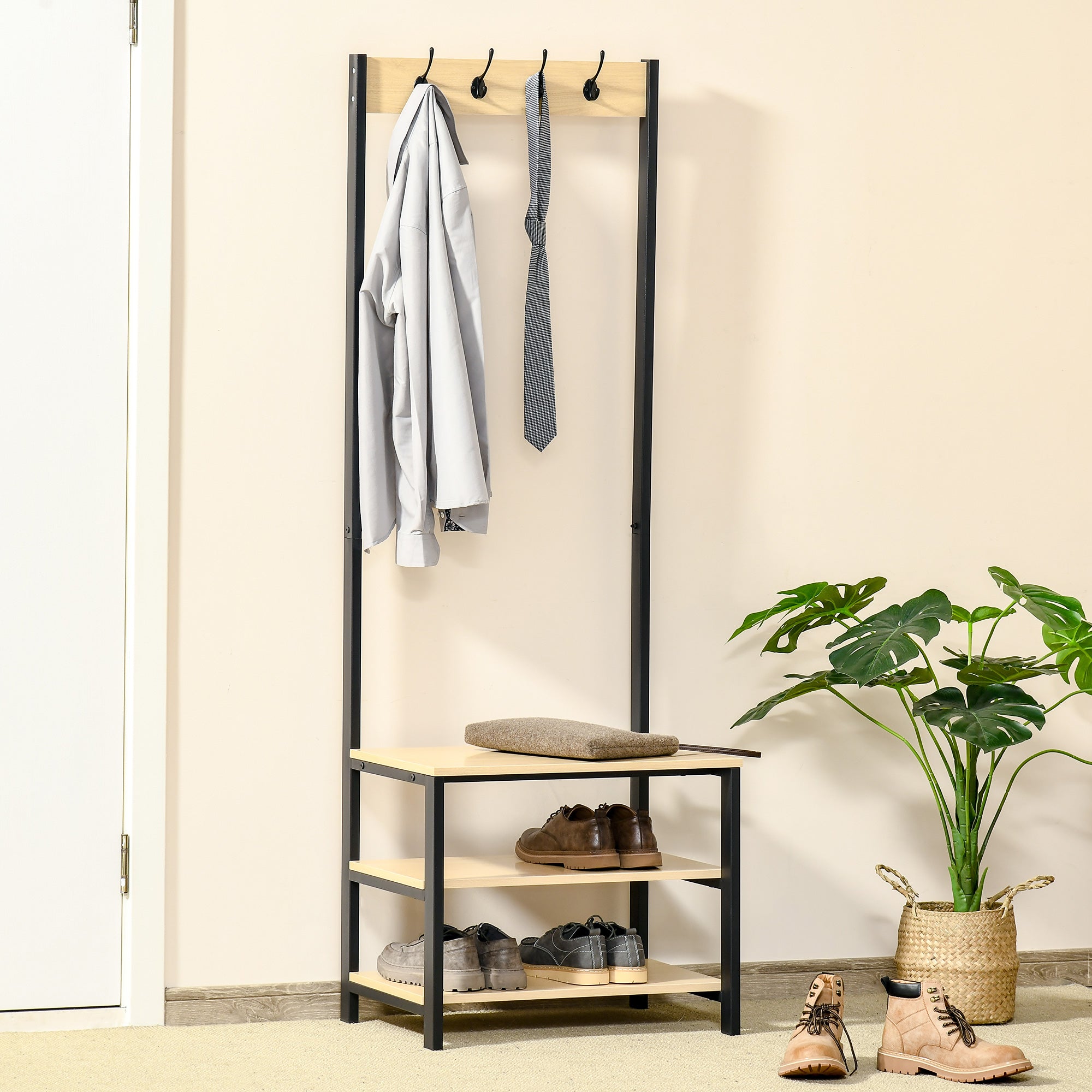 Cabide Suporte 3 Prateleiras 8 Ganchos Preto e Madeira 60x40x175 cm
