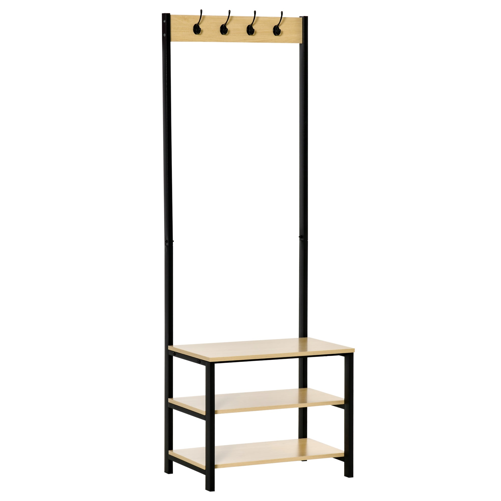 Cabide Suporte 3 Prateleiras 8 Ganchos Preto e Madeira 60x40x175 cm