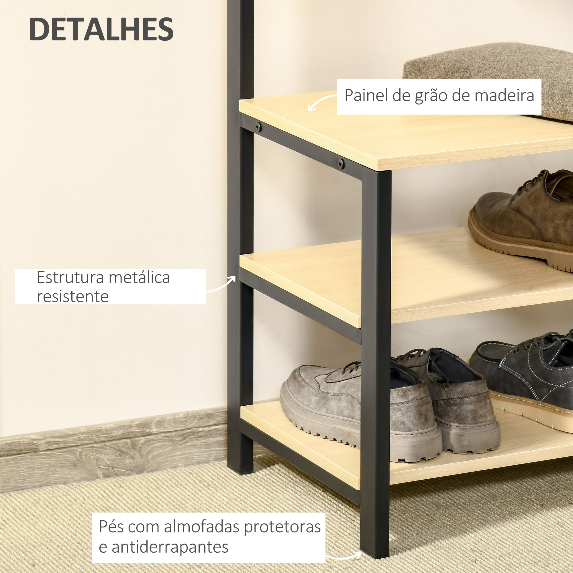 Cabide Suporte 3 Prateleiras 8 Ganchos Preto e Madeira 60x40x175 cm