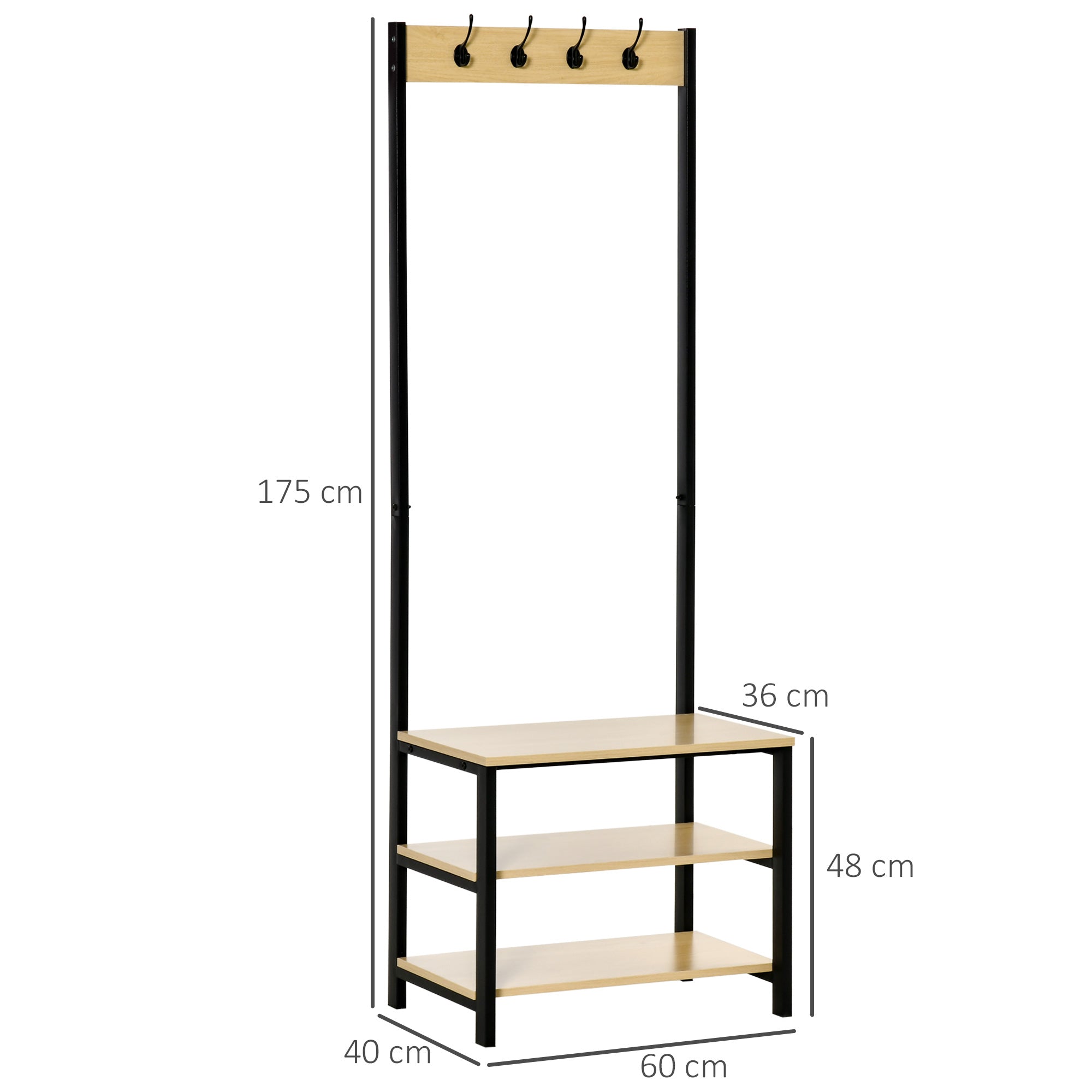 Cabide Suporte 3 Prateleiras 8 Ganchos Preto e Madeira 60x40x175 cm