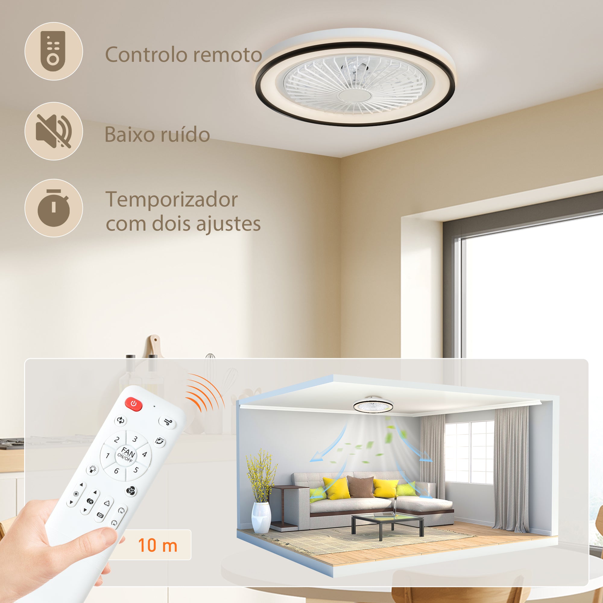 Ventoinha de Teto com Luz LED Ø48x13 cm Branco