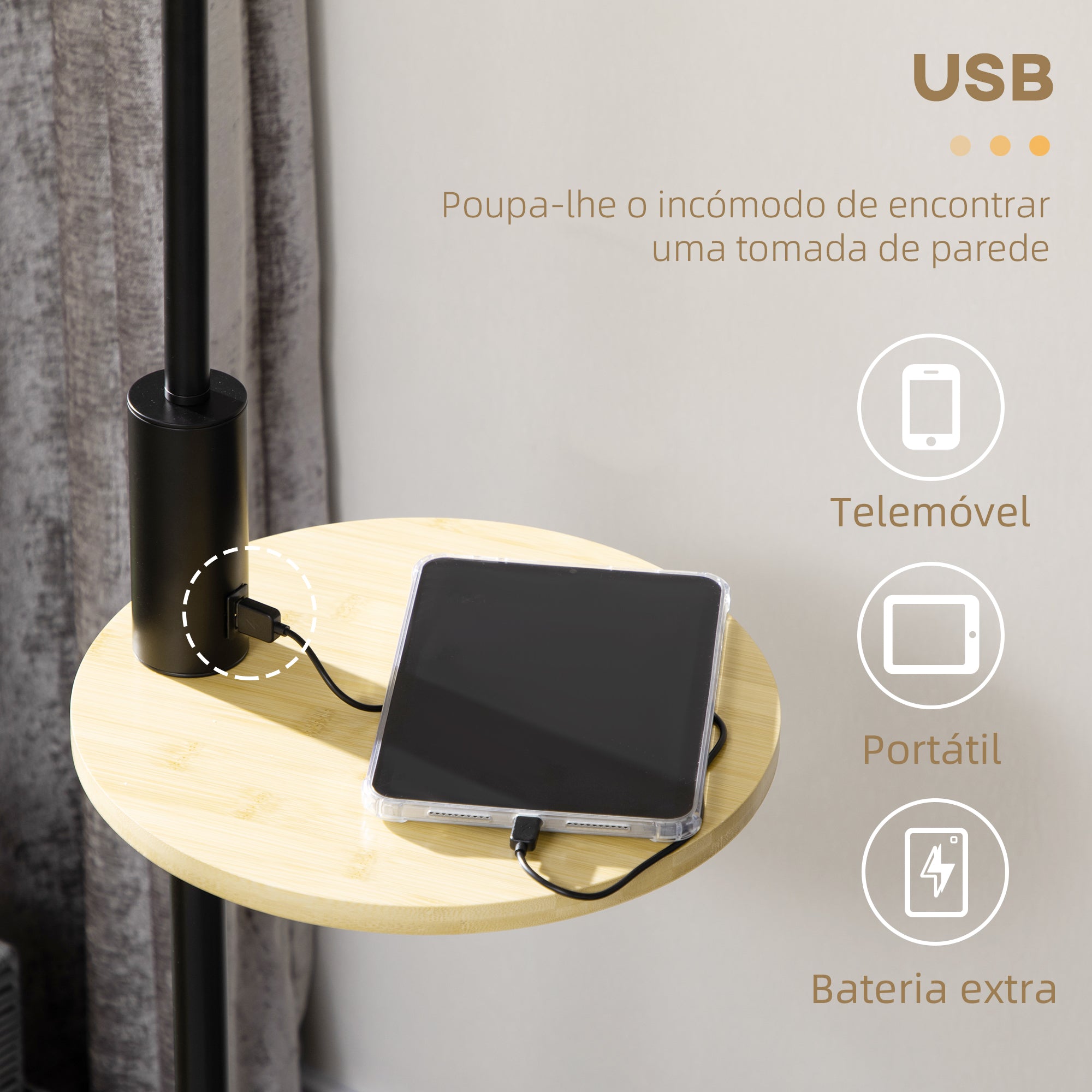 Candeeiro de Pé com Prateleira e Carregador USB – Ø40x168cm – Preto e Madeira