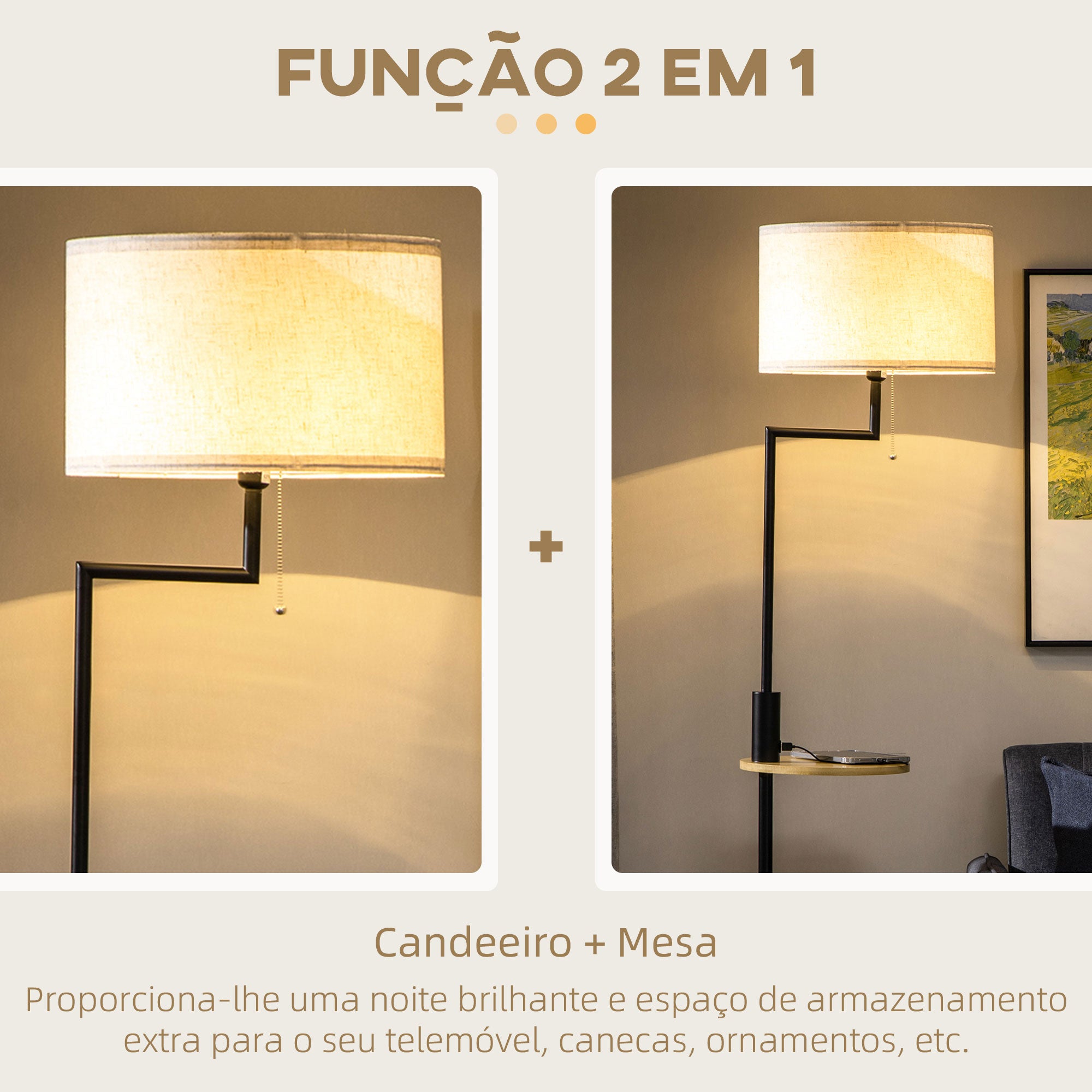 Candeeiro de Pé com Prateleira e Carregador USB – Ø40x168cm – Preto e Madeira