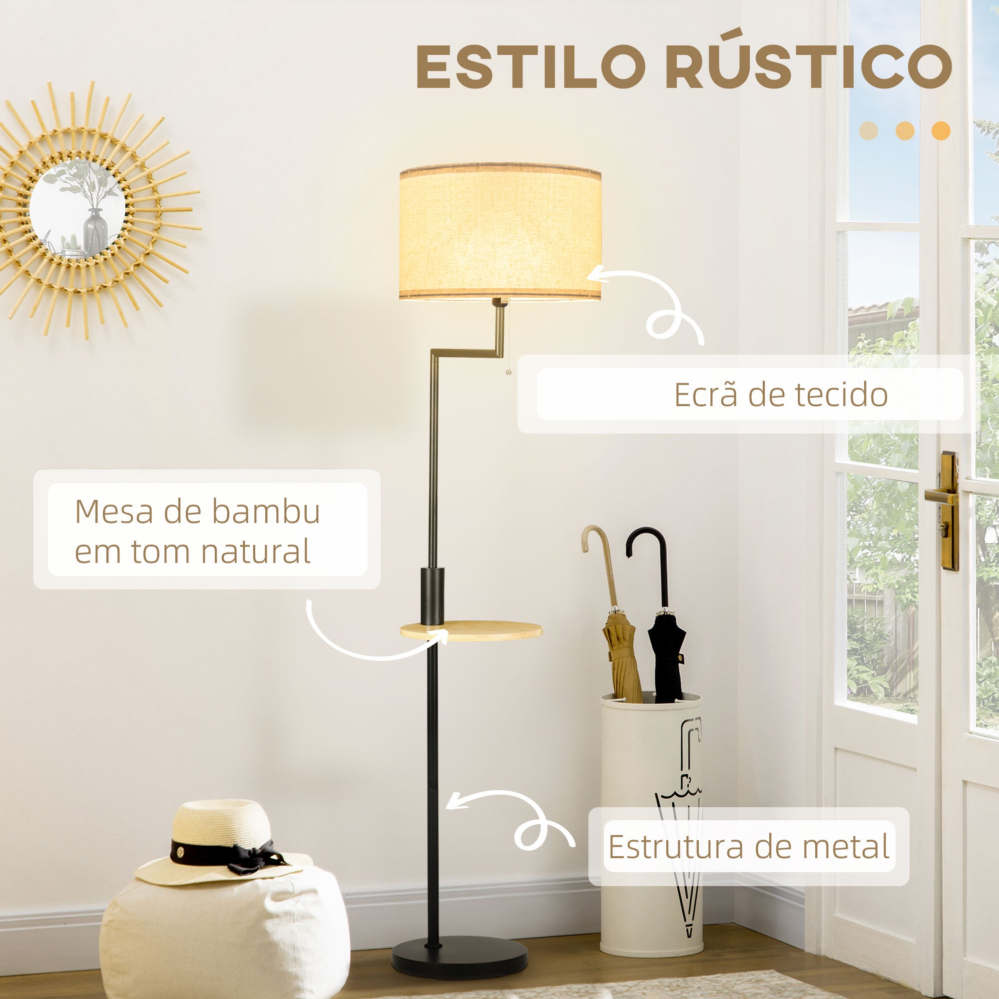 Candeeiro de Pé com Prateleira e Carregador USB – Ø40x168cm – Preto e Madeira