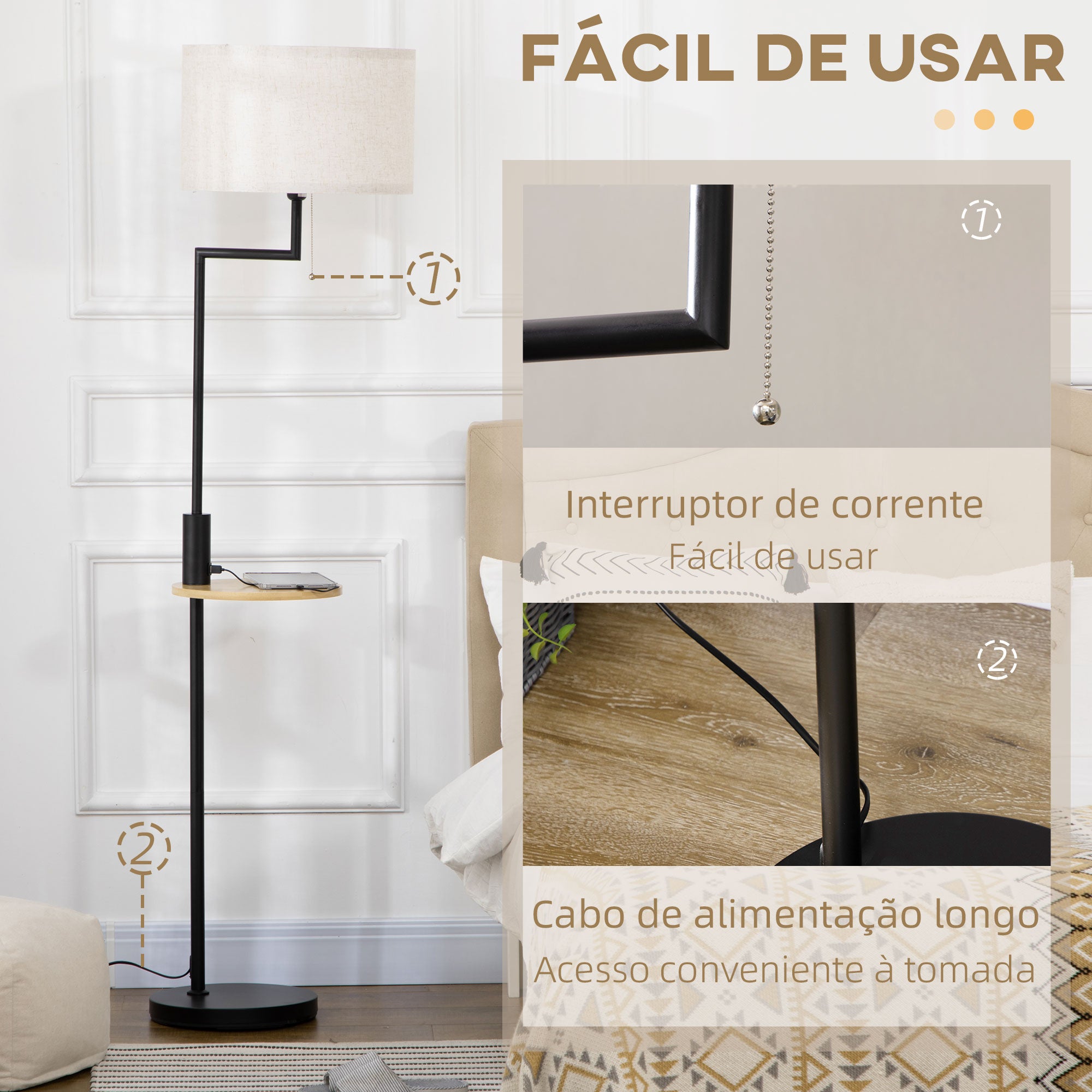 Candeeiro de Pé com Prateleira e Carregador USB – Ø40x168cm – Preto e Madeira
