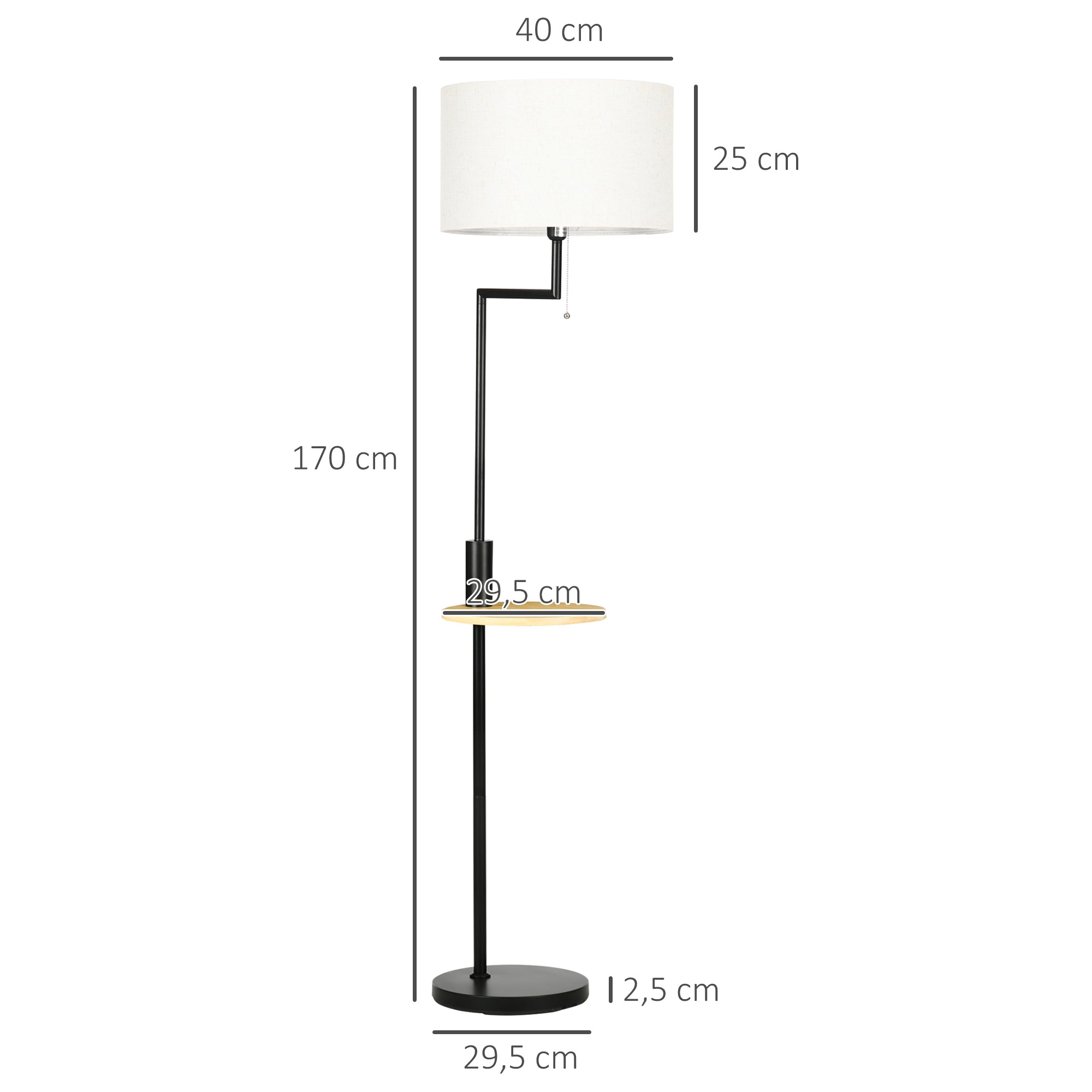 Candeeiro de Pé com Prateleira e Carregador USB – Ø40x168cm – Preto e Madeira