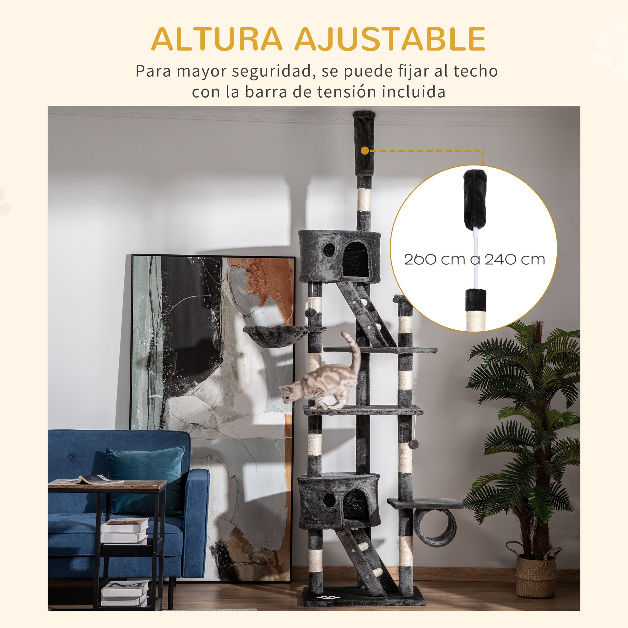 Árvore Arranhador para Gatos Cinza Escuro 60x45x260 cm - Múltiplas Plataformas e Escadas