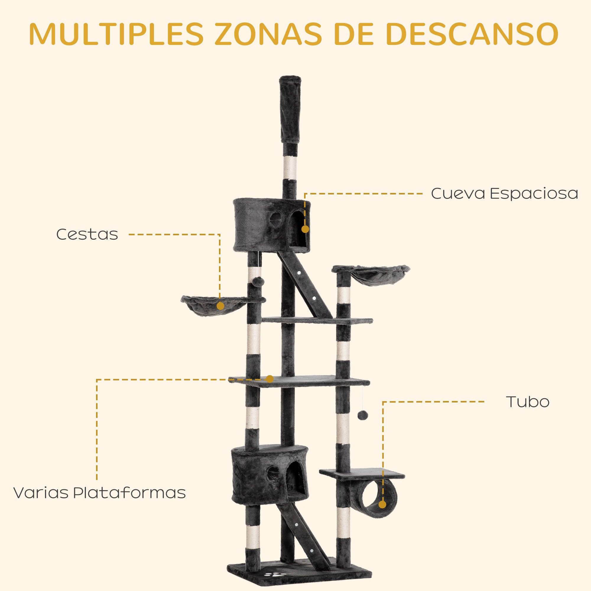 Árvore Arranhador para Gatos Cinza Escuro 60x45x260 cm - Múltiplas Plataformas e Escadas