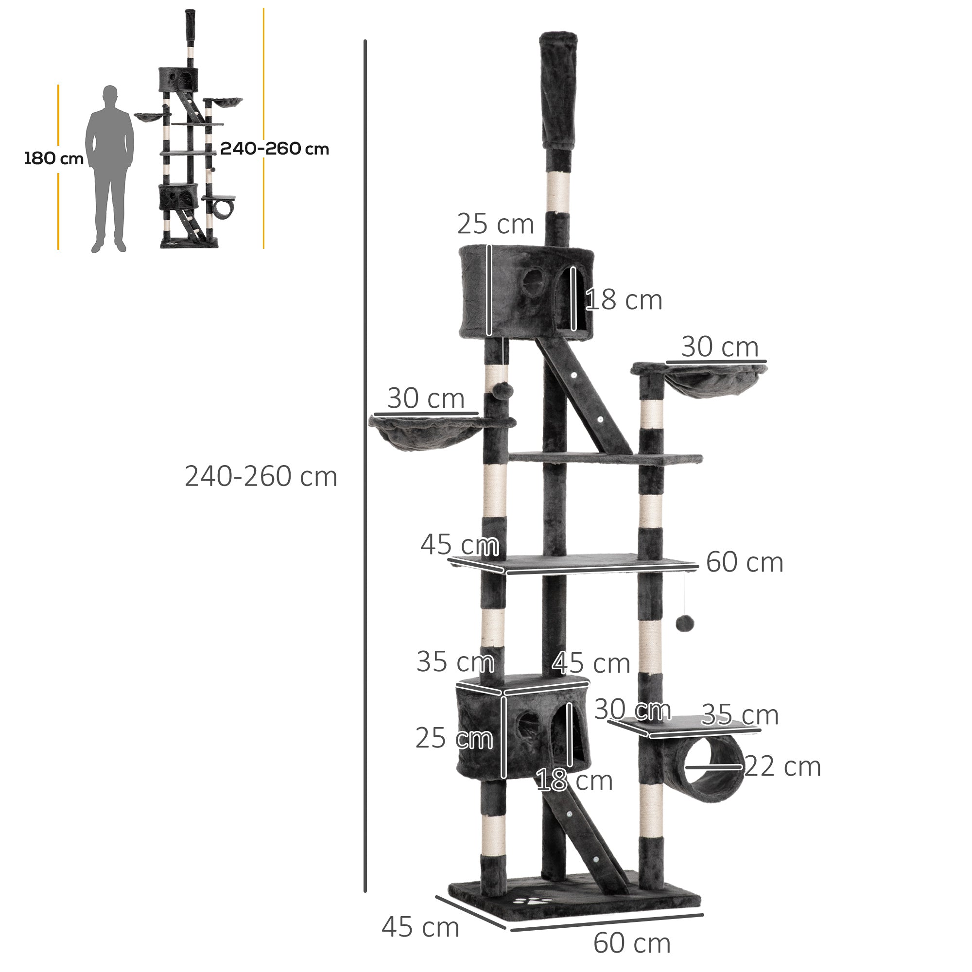 Árvore Arranhador para Gatos Cinza Escuro 60x45x260 cm - Múltiplas Plataformas e Escadas