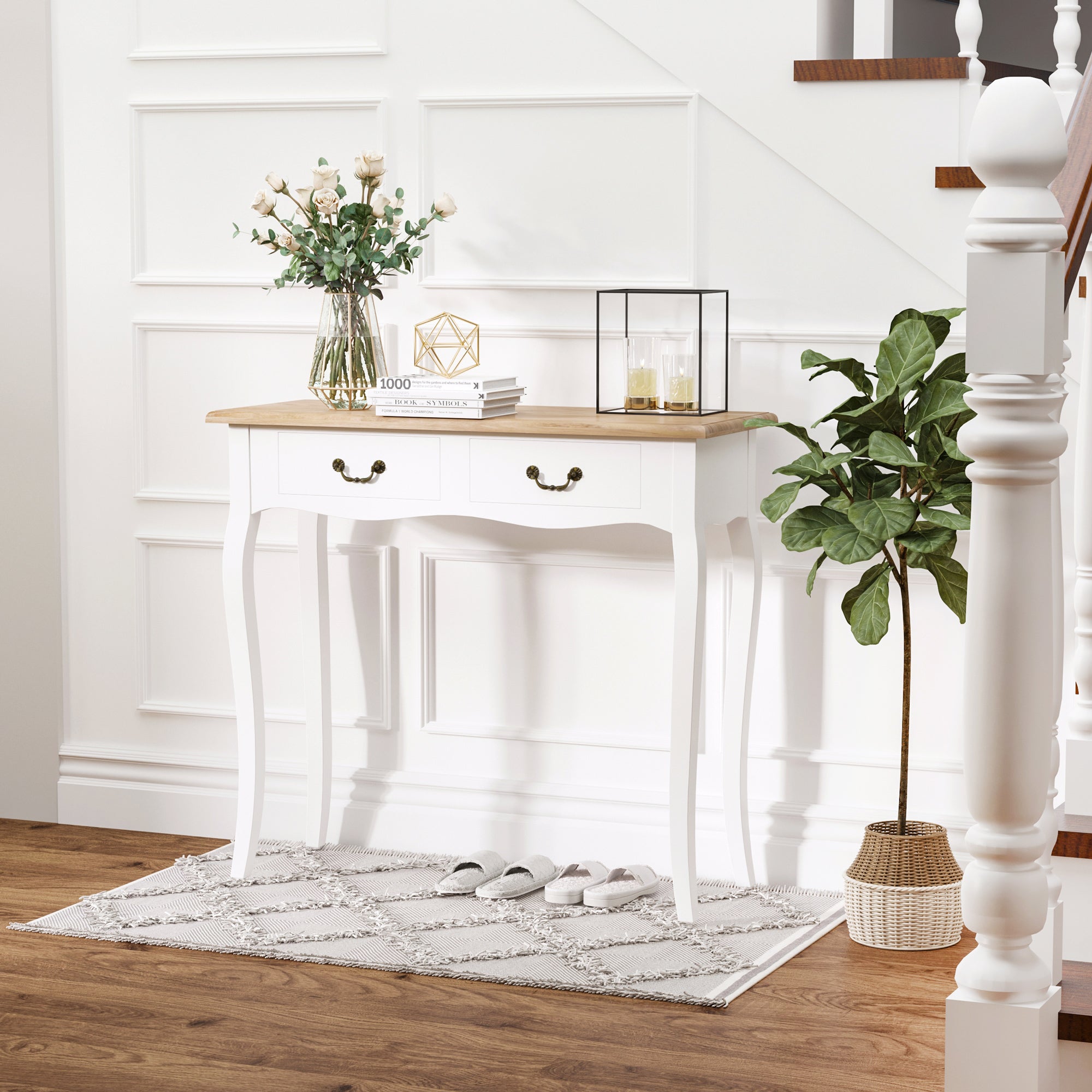 Mesa Consola com 2 Gavetas 87x34x78,5cm Branco e Madeira