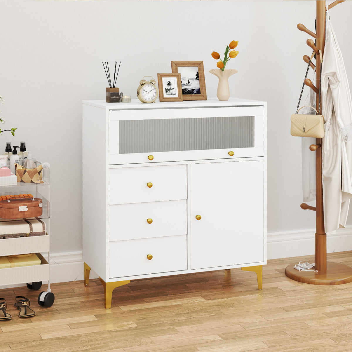 Cómoda de Quarto Gabinete de Arrumação Moderno com Porta de Vidro Canalizado Abatível e Gavetas Extraíveis Pernas de Metal Branco
