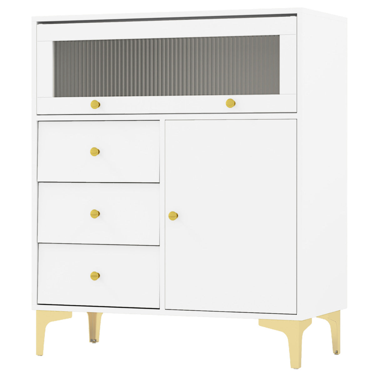 Cómoda de Quarto Gabinete de Arrumação Moderno com Porta de Vidro Canalizado Abatível e Gavetas Extraíveis Pernas de Metal Branco
