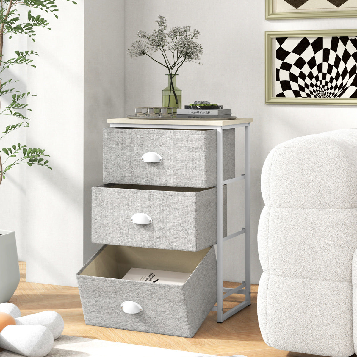 Cómoda de 3 Gavetas Mesinha de Cabeceira com 3 Gavetas Dobráveis Unidade de Armazenamento com Estrutura de Metal e Gaveta de Madeira para Quarto