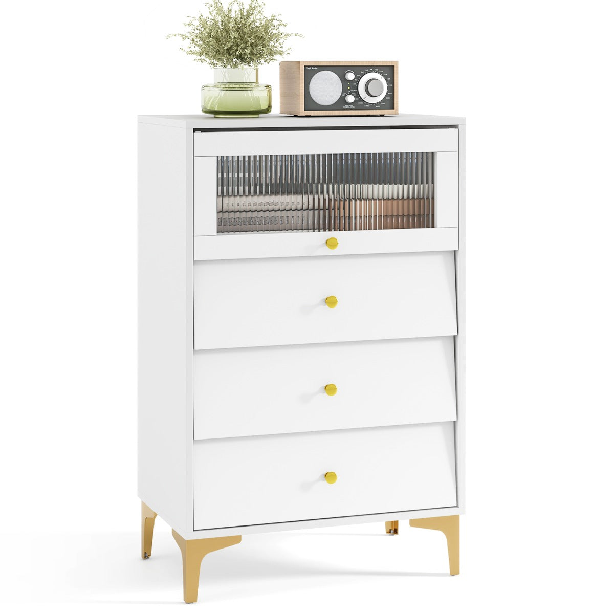Cómoda Moderna com 3 Gavetas, Armário com Porta de Vidro Canelado e Pernas Metálicas - 3 Gavetas