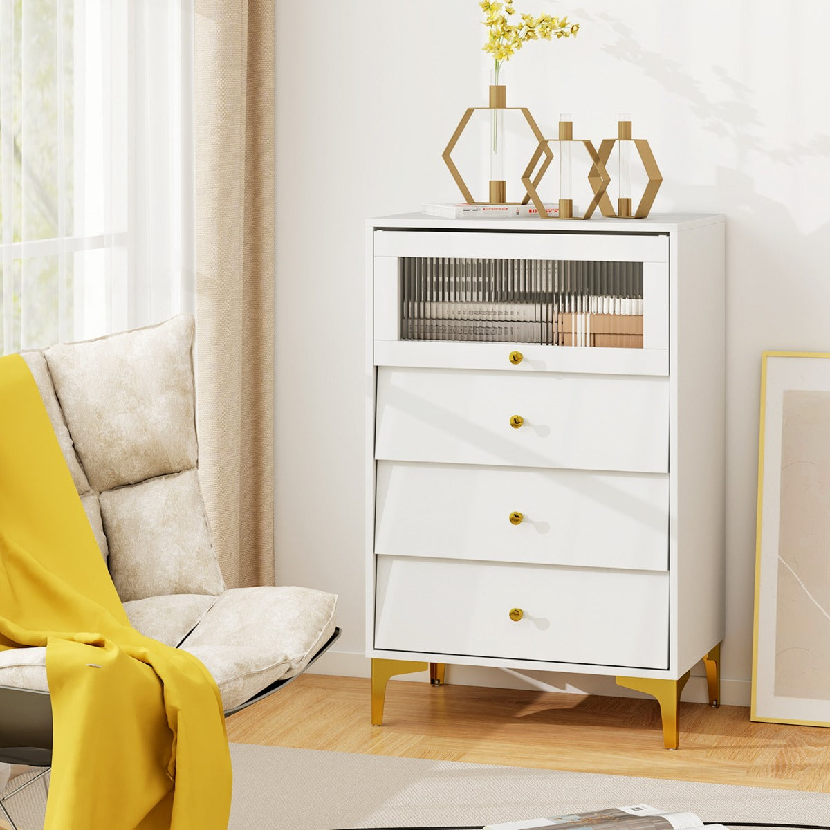 Cómoda Moderna com 3 Gavetas, Armário com Porta de Vidro Canelado e Pernas Metálicas - 3 Gavetas