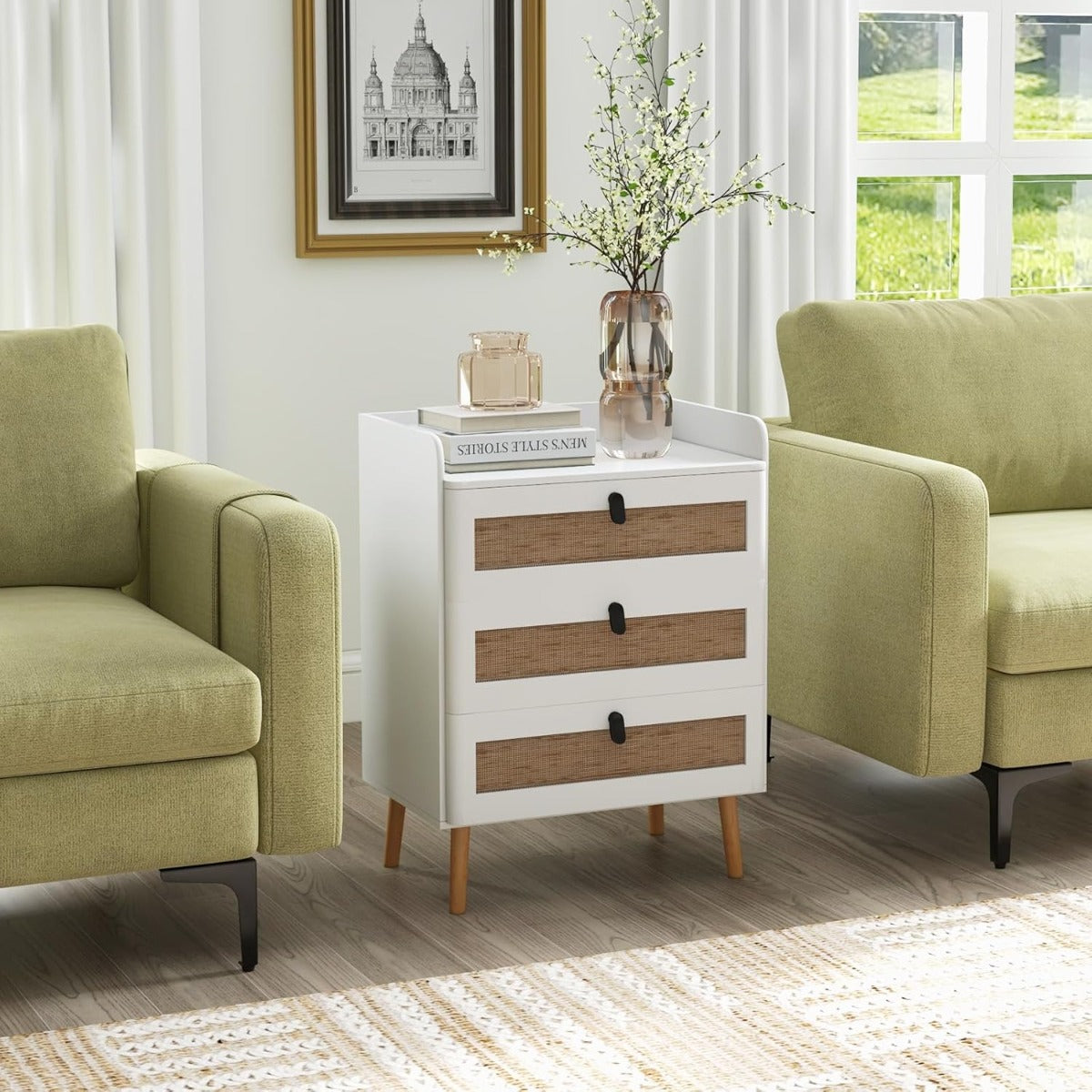 Cómoda de 3 Gavetas em Rattan com Pernas de Madeira Maciça para Espaços Pequenos - Mesa Auxiliar com Acabamento Bohemio 60 x 40 x 75 cm