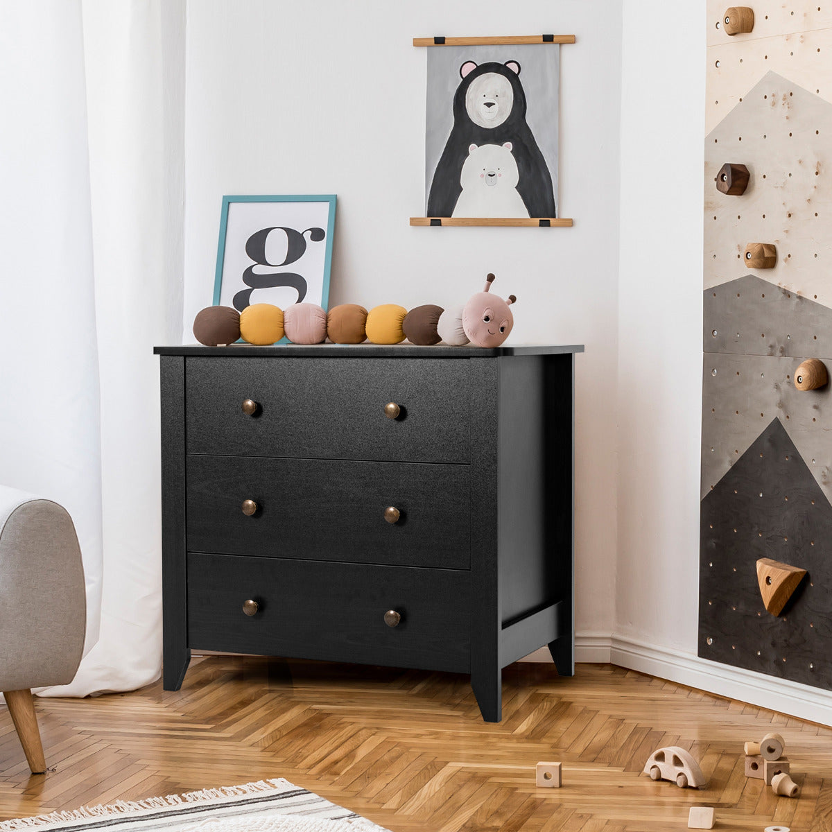 Cómoda de 3 Gavetas com Pernas Curvas Mesa de Cabeceira de Dupla Asa em Quarto de Dormir 71 x 46 x 66 cm Preto