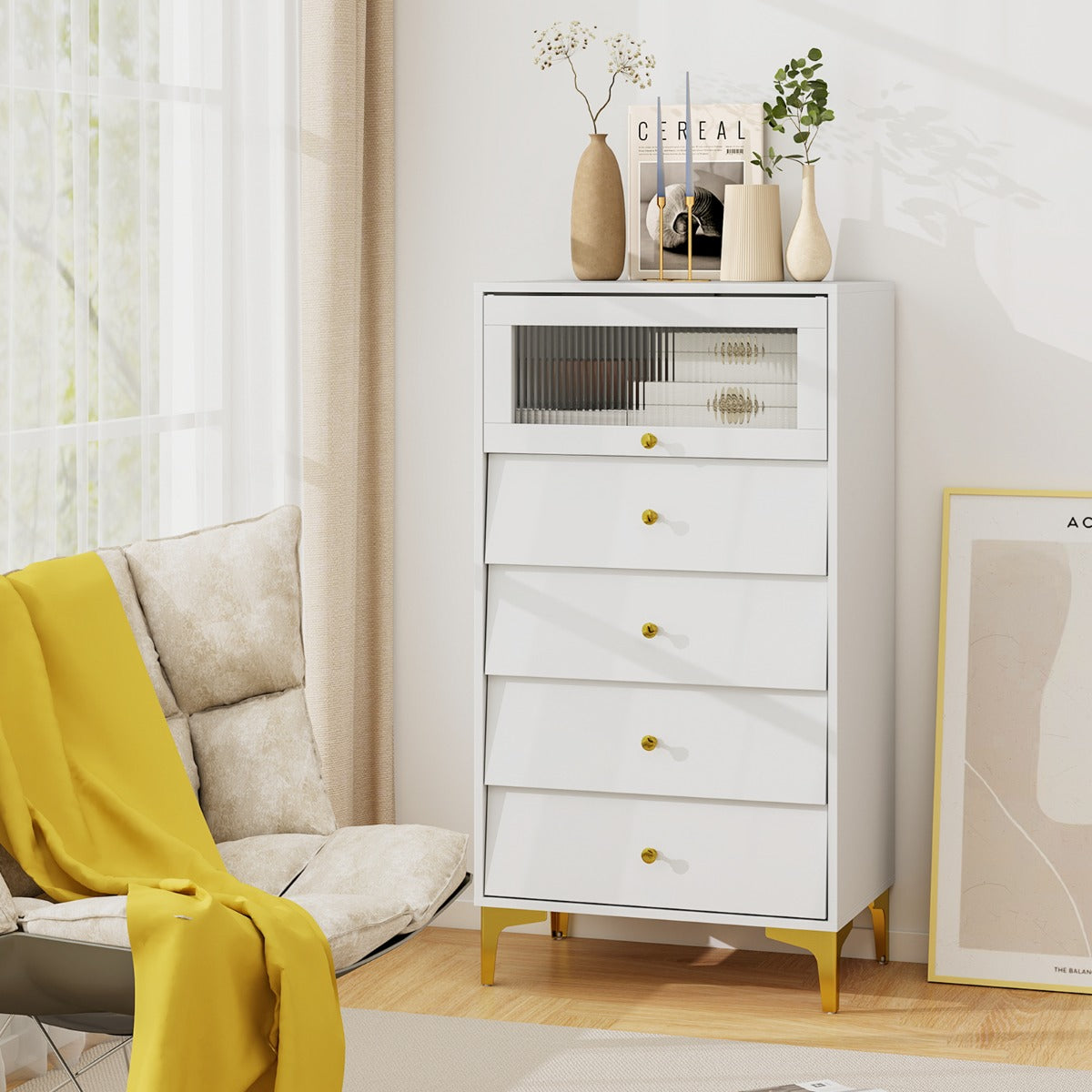 Cómoda com 3/4 Gavetas Armário Moderno com Porta de Vidro Canelado e Gavetas Extraíveis Pernas Metálicas-4 Gavetas