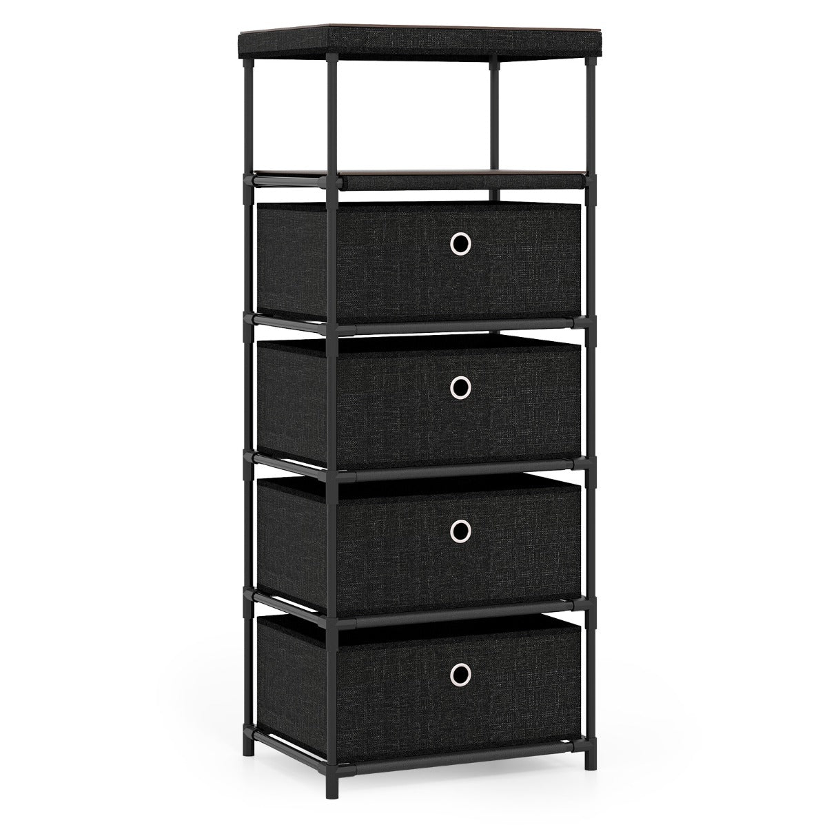 Cómoda com Gavetas de Tecido, Superfície de Madeira e Estrutura Metálica Organizador de Estilo Industrial Preto-4 Gavetas