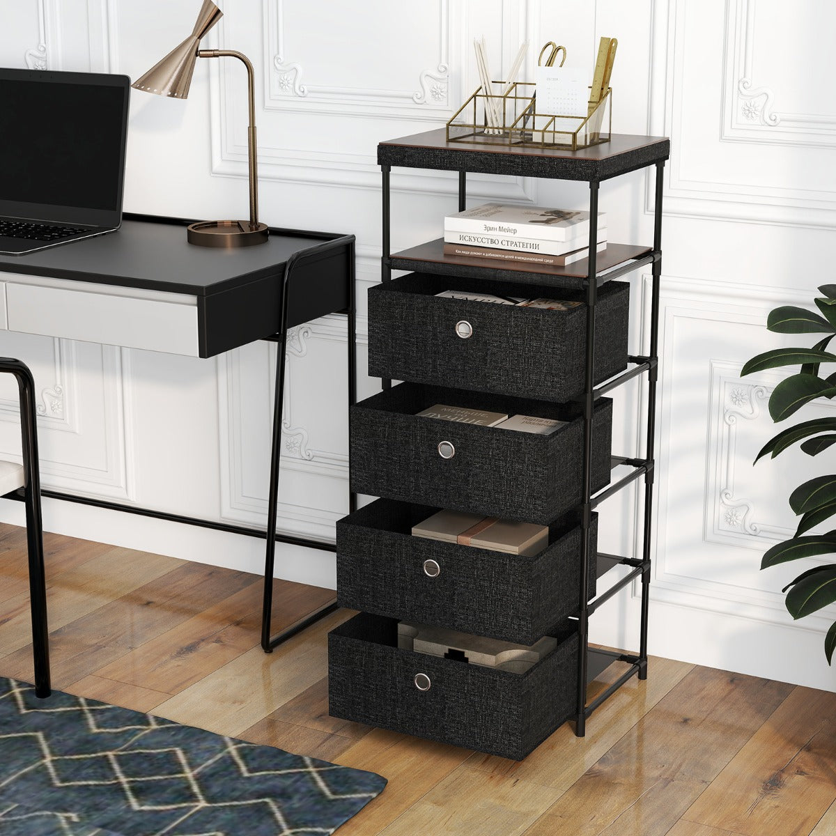 Cómoda com Gavetas de Tecido, Superfície de Madeira e Estrutura Metálica Organizador de Estilo Industrial Preto-4 Gavetas